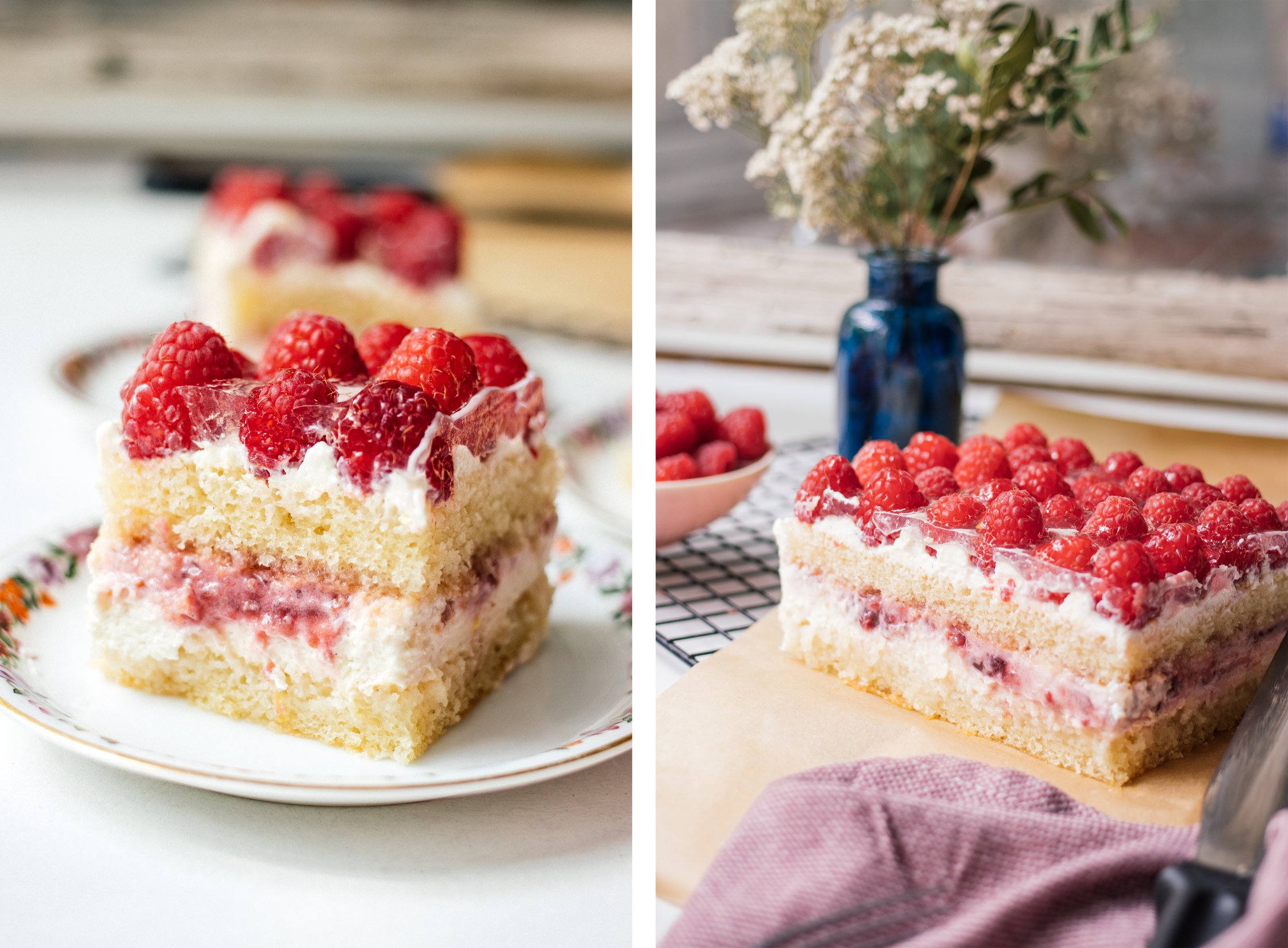 nahaufnahme eines stücks vegane himbeerschnitte