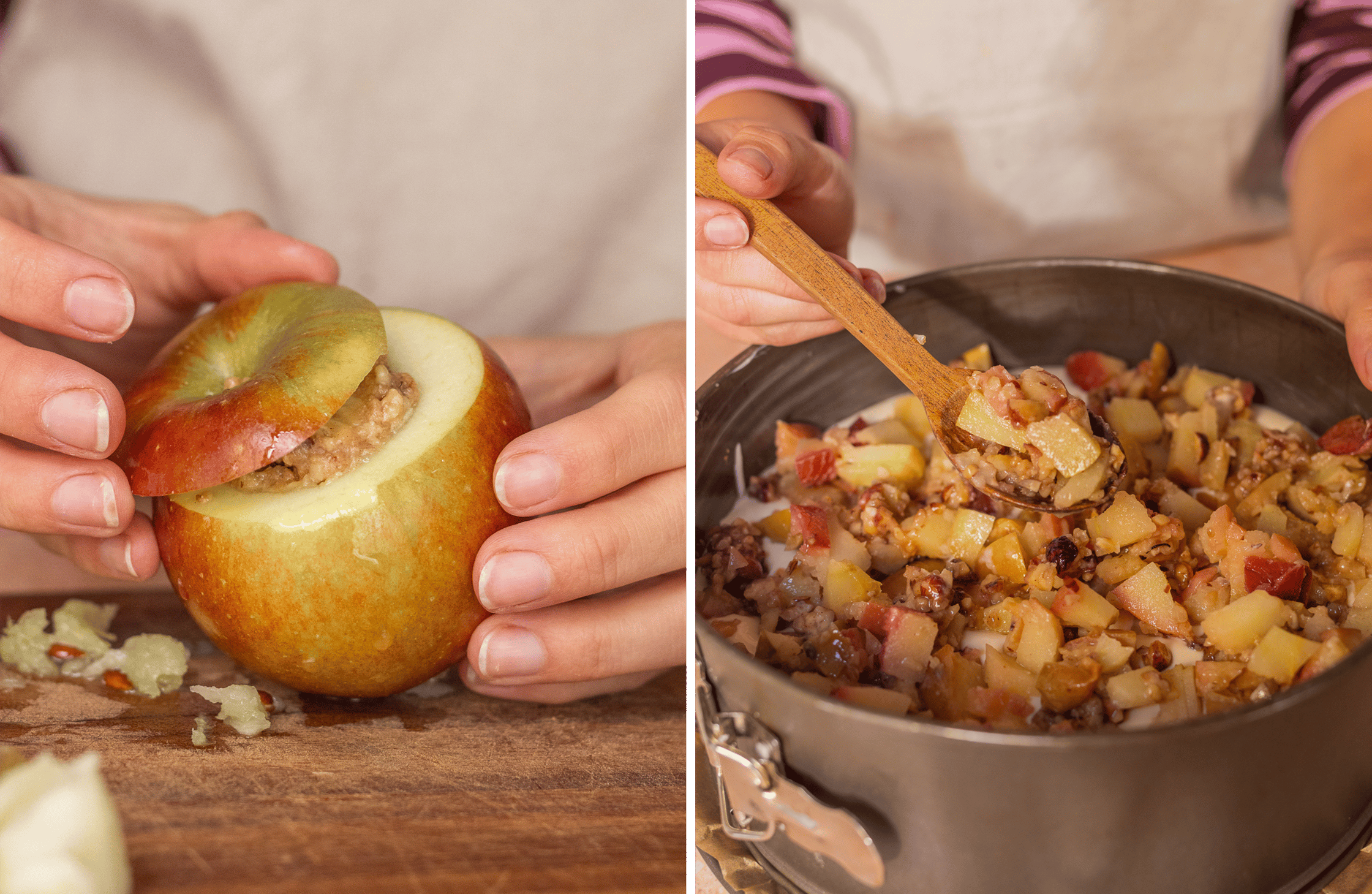 Links wird ein Bratapfel gefüllt und mit seiner Kuppel bedeckt. Rechts werden geschnittene Bratäpfel auf dem Cheesecake verte