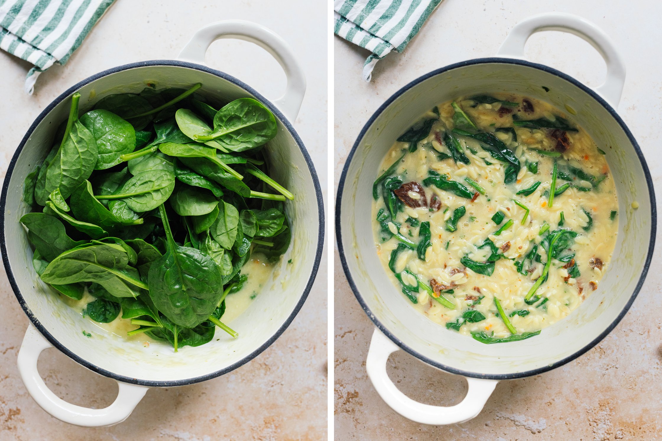 Spinat wird zum veganen Orzotto gegeben