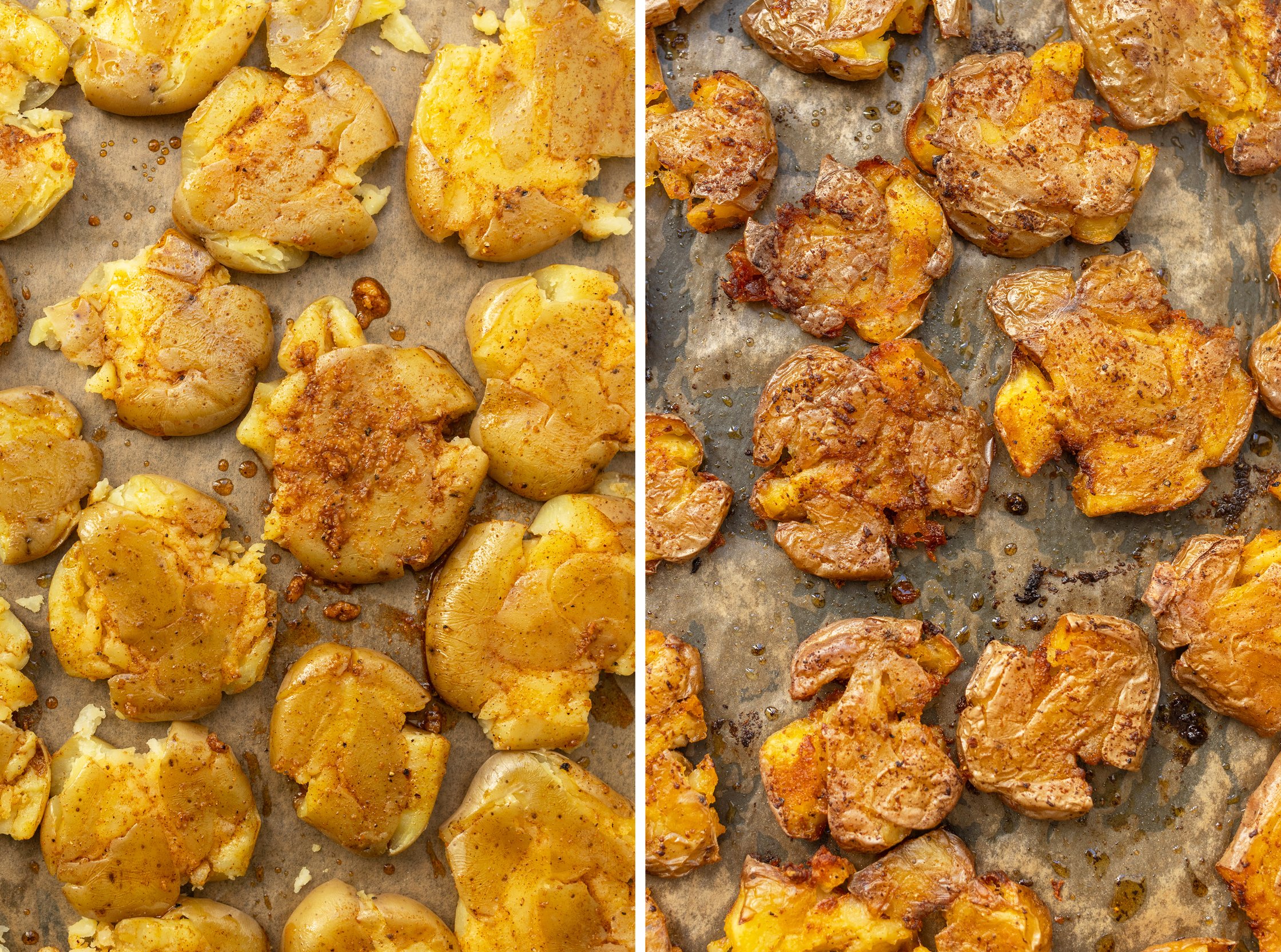 Das Bild ist zweigeteilt. Links sind die umgebackenen Kartoffeln, rechts sieht man die Kartoffeln, wie sie nach dem Backen au