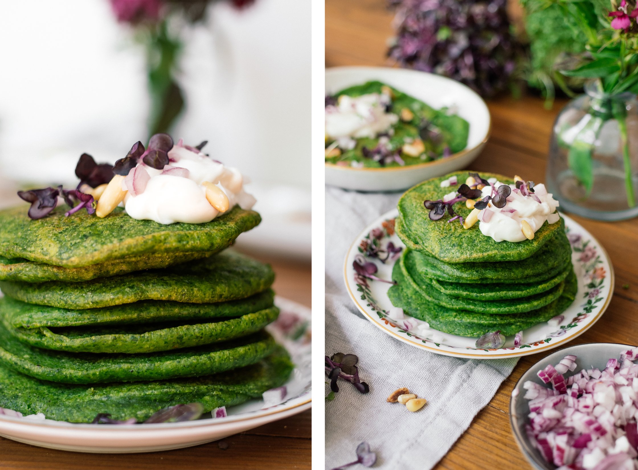 vegan spinach pancakes with toppings