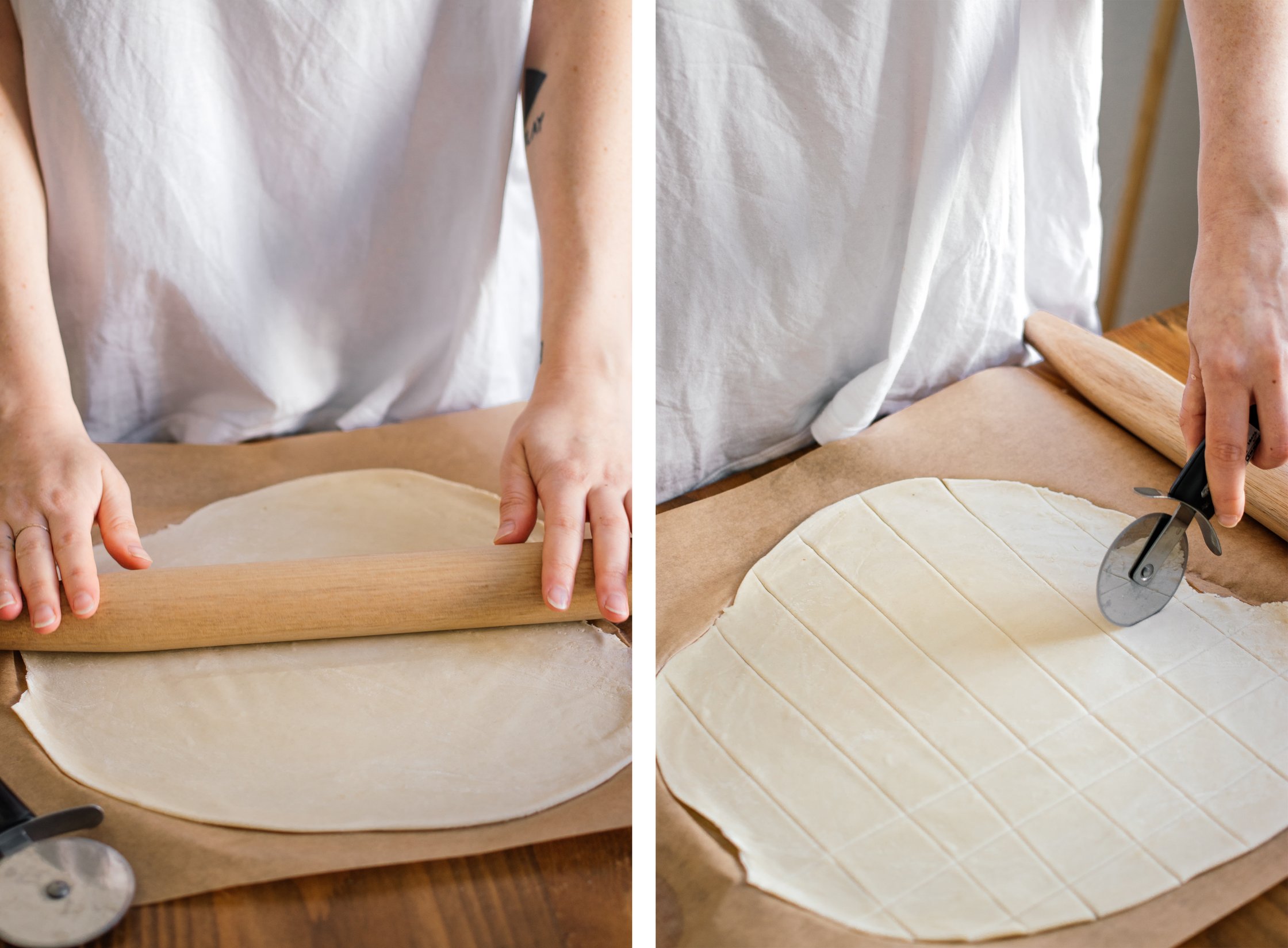 rolling out and cutting dough for vegan manti
