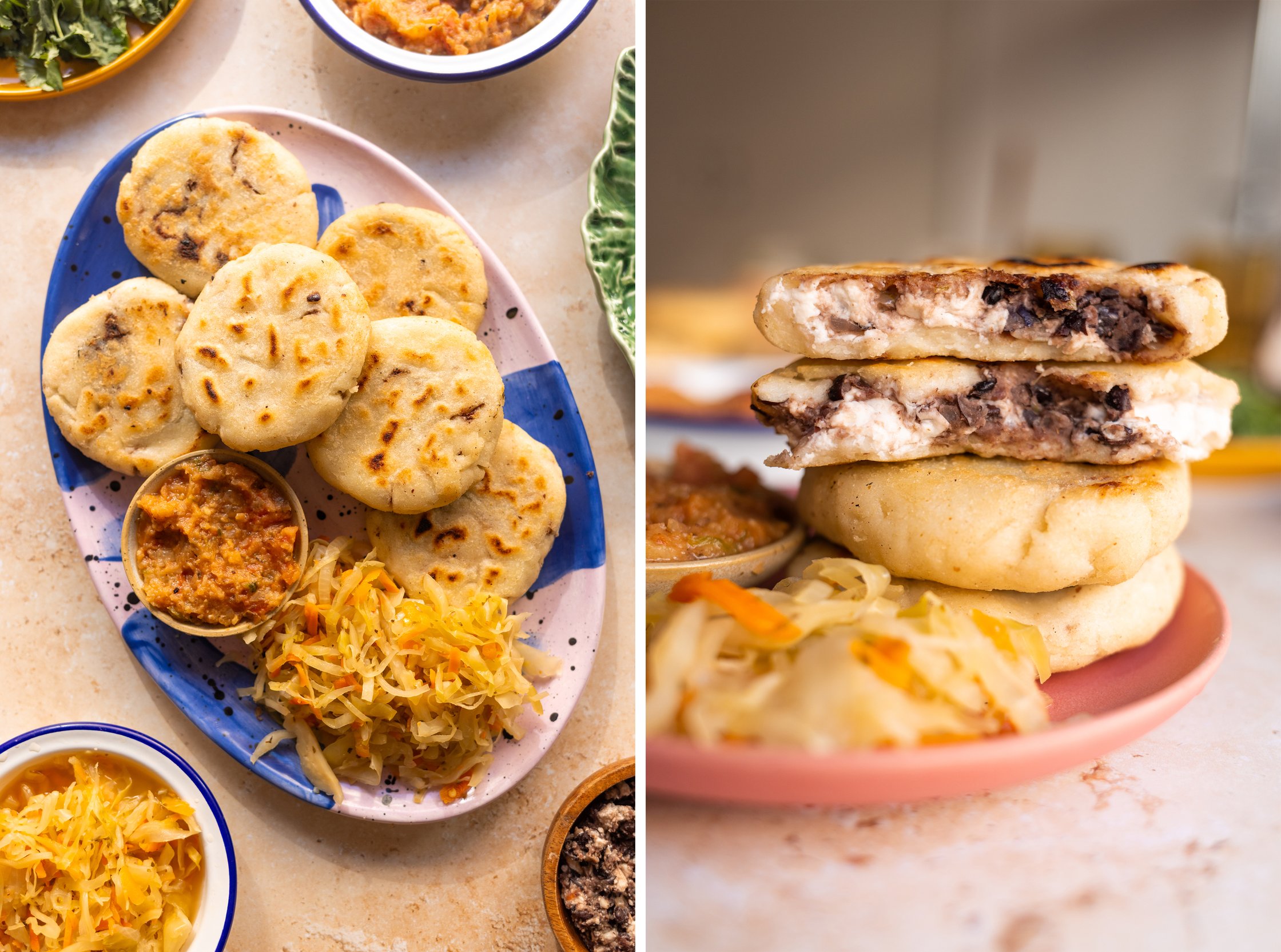 vegan pupusas halved to show the filling of beans and cheese