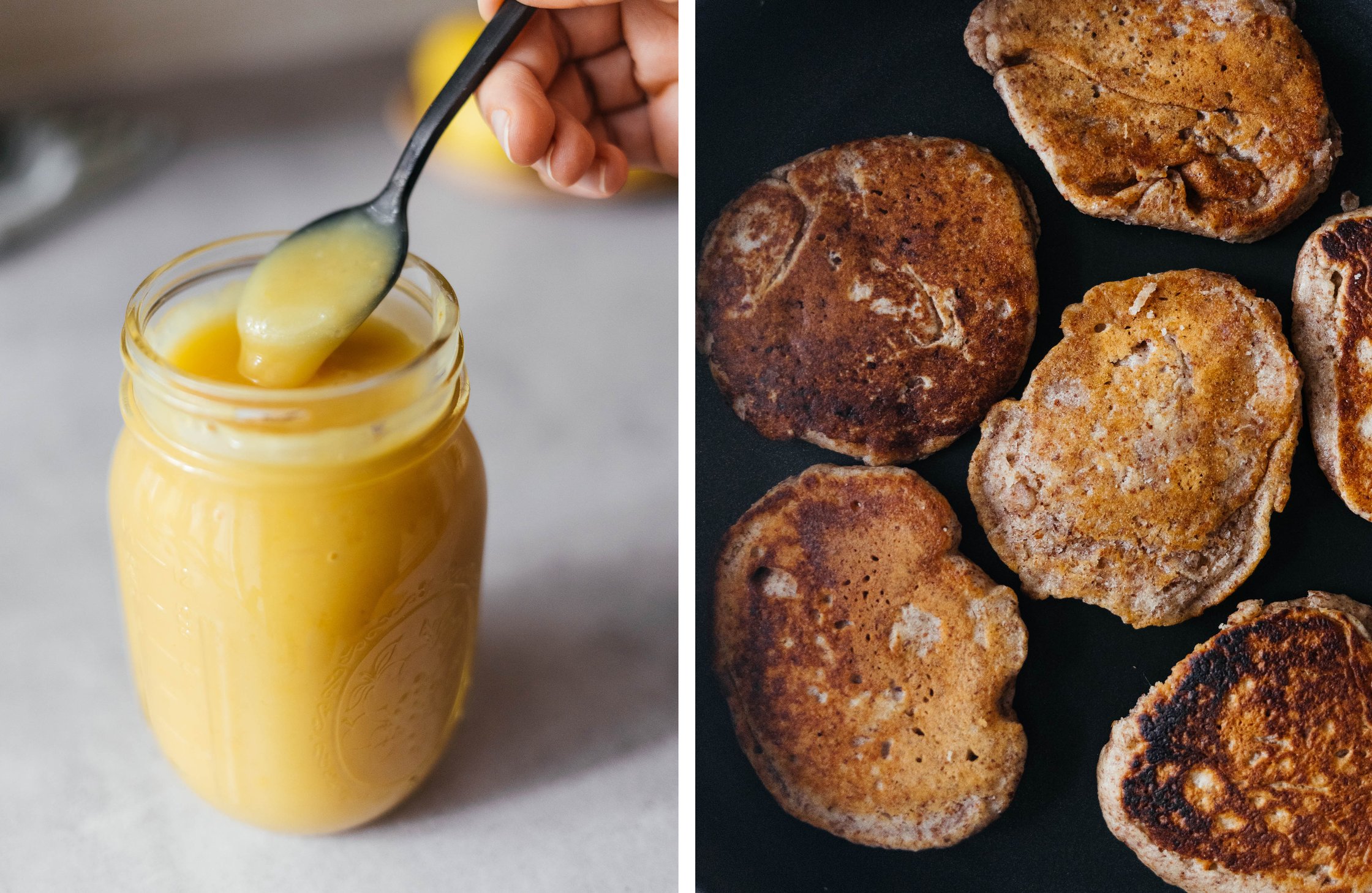 vegan lemon curd; baking pancakes in a pan
