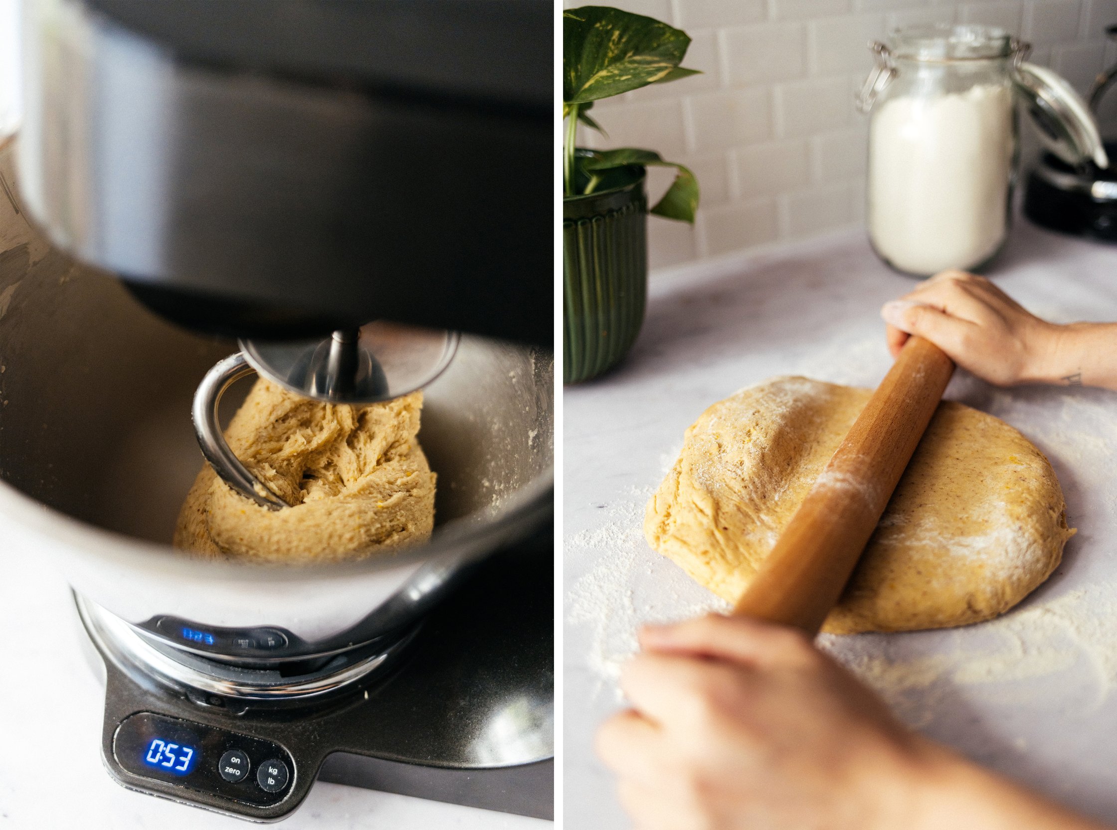 kneading and rolling out yeast dough for vegan stollen cake