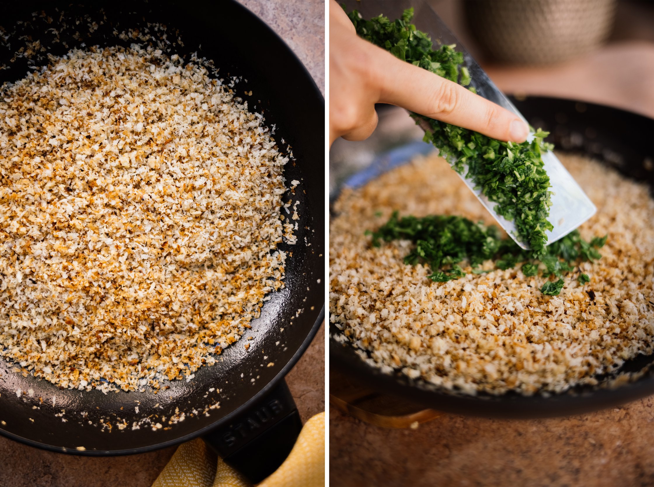 crispy panko breadcrumb topping is mixed with parsley