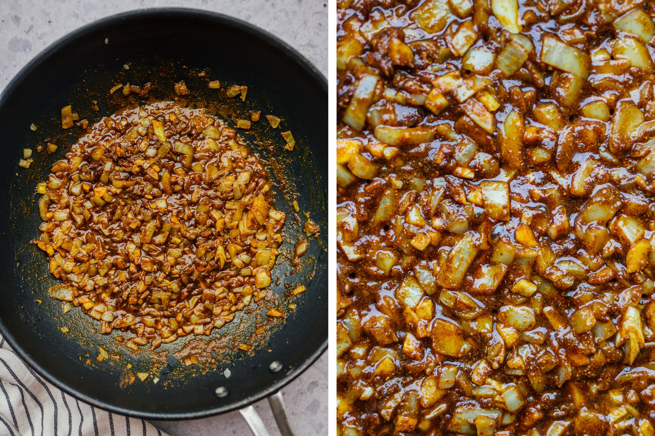 Pan with fried ingredients for vegan chicken madras