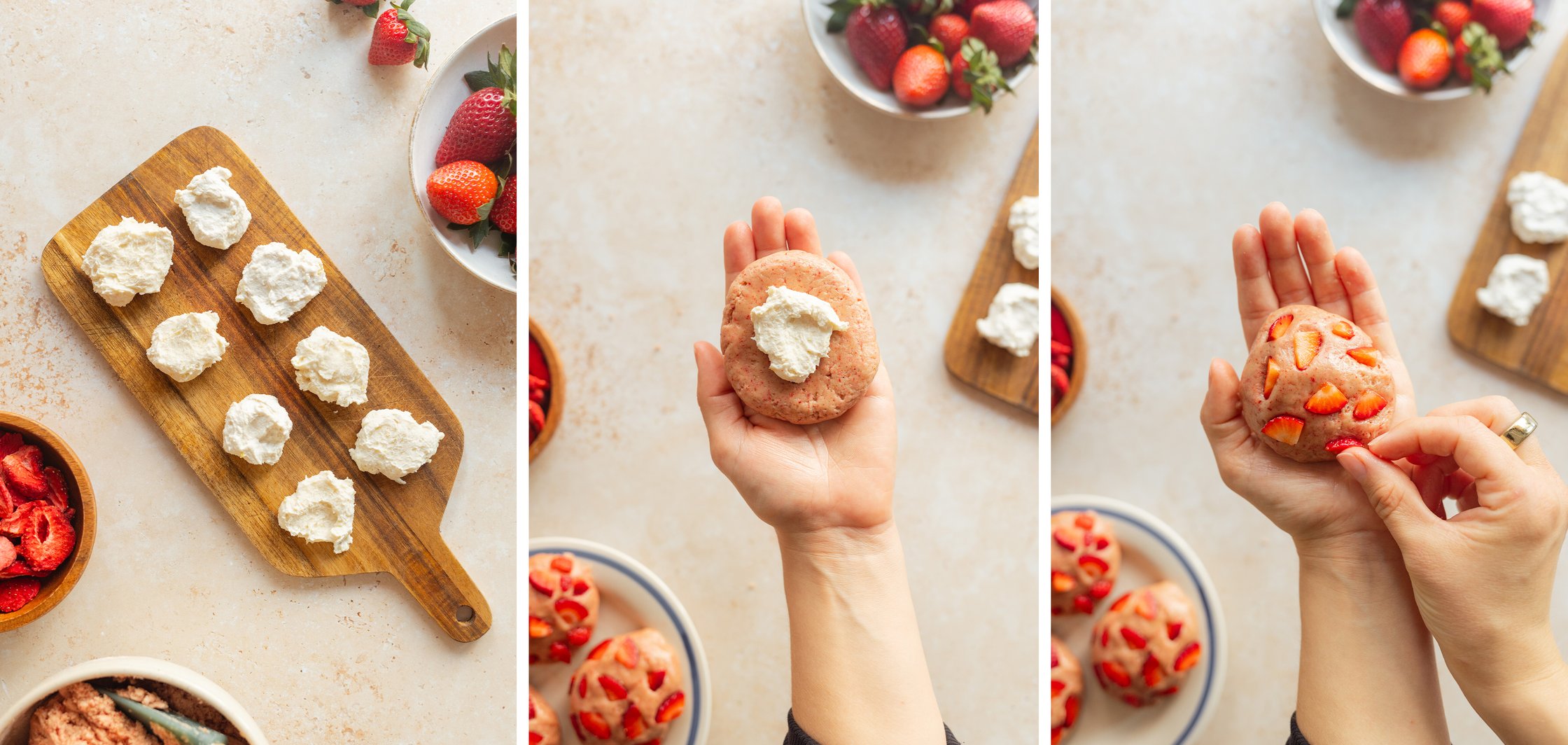 Portionen von der Cheesecake-Füllung; die Kekse werden geformt, gefüllt und dekoriert