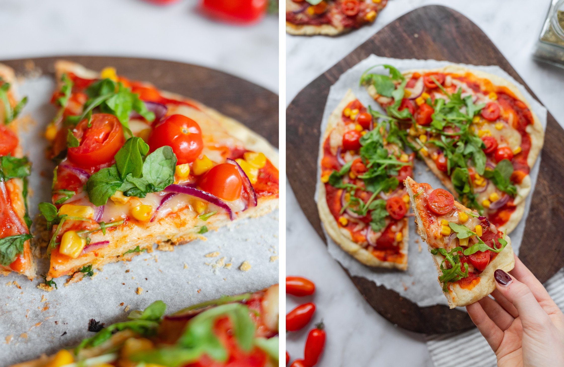 close-up of a pizza slice; pizza slice is taken by hand