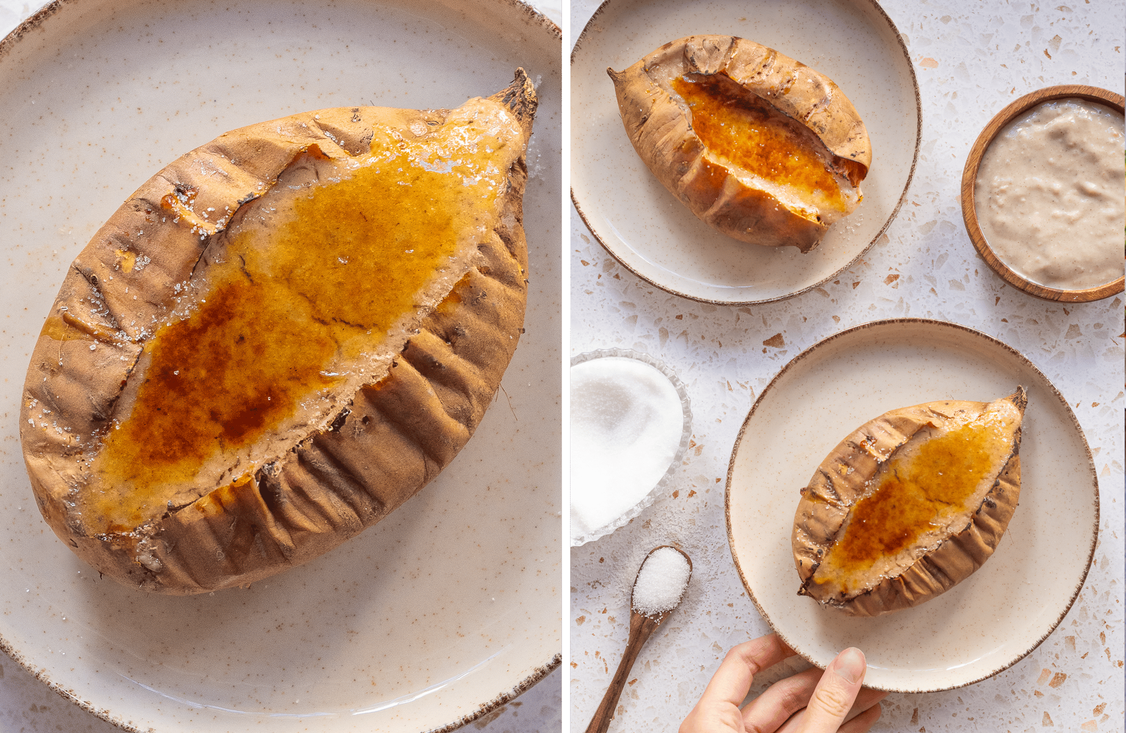 A sweet potato crème brûlée is placed on a beige plate. Two sweet potato crème brûlées are on two plates, with a bowl of crea