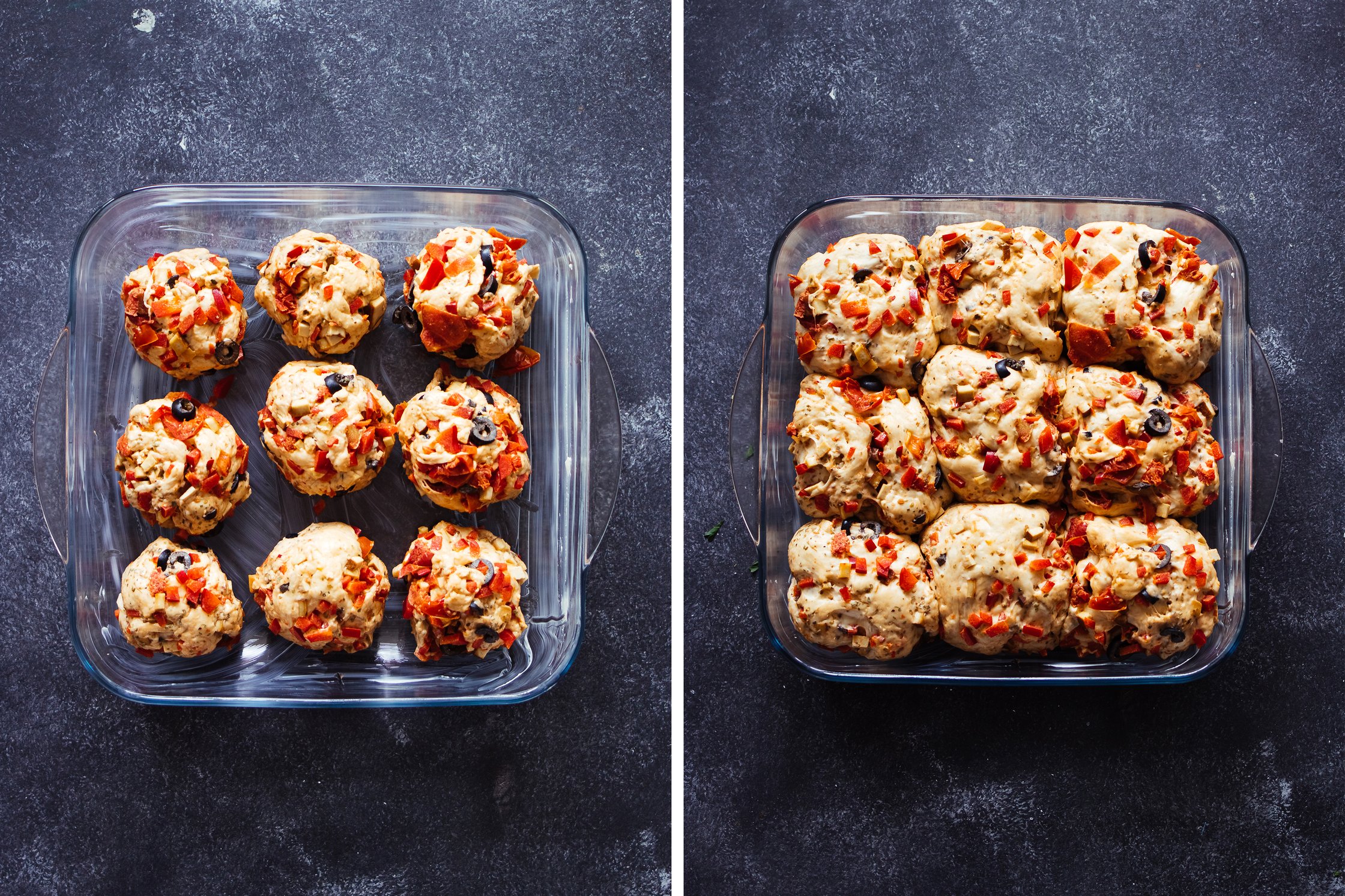 vegan pizza rolls before and after baking