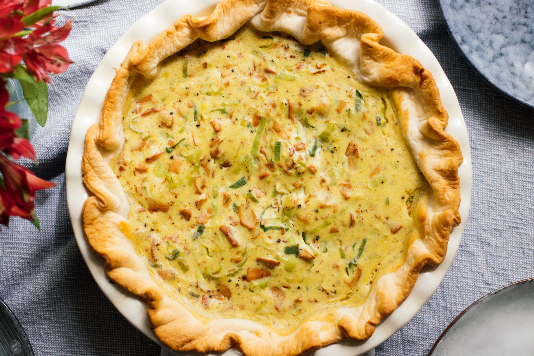 topshot of vegan chanterelle and leek quiche