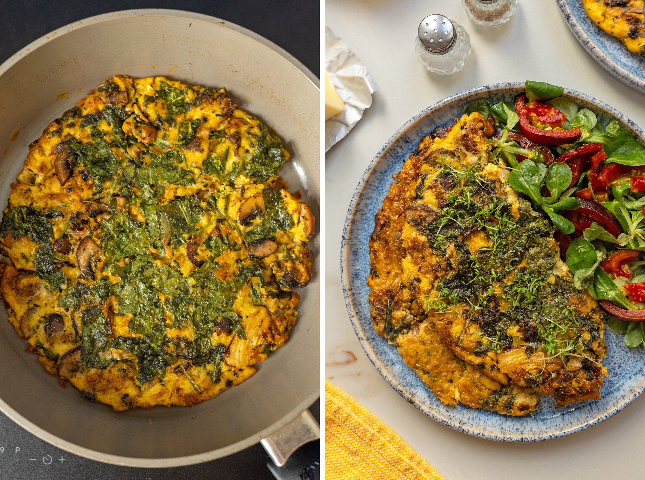On the left, the omelet is fully cooked in the pan, and on the right, it is plated.