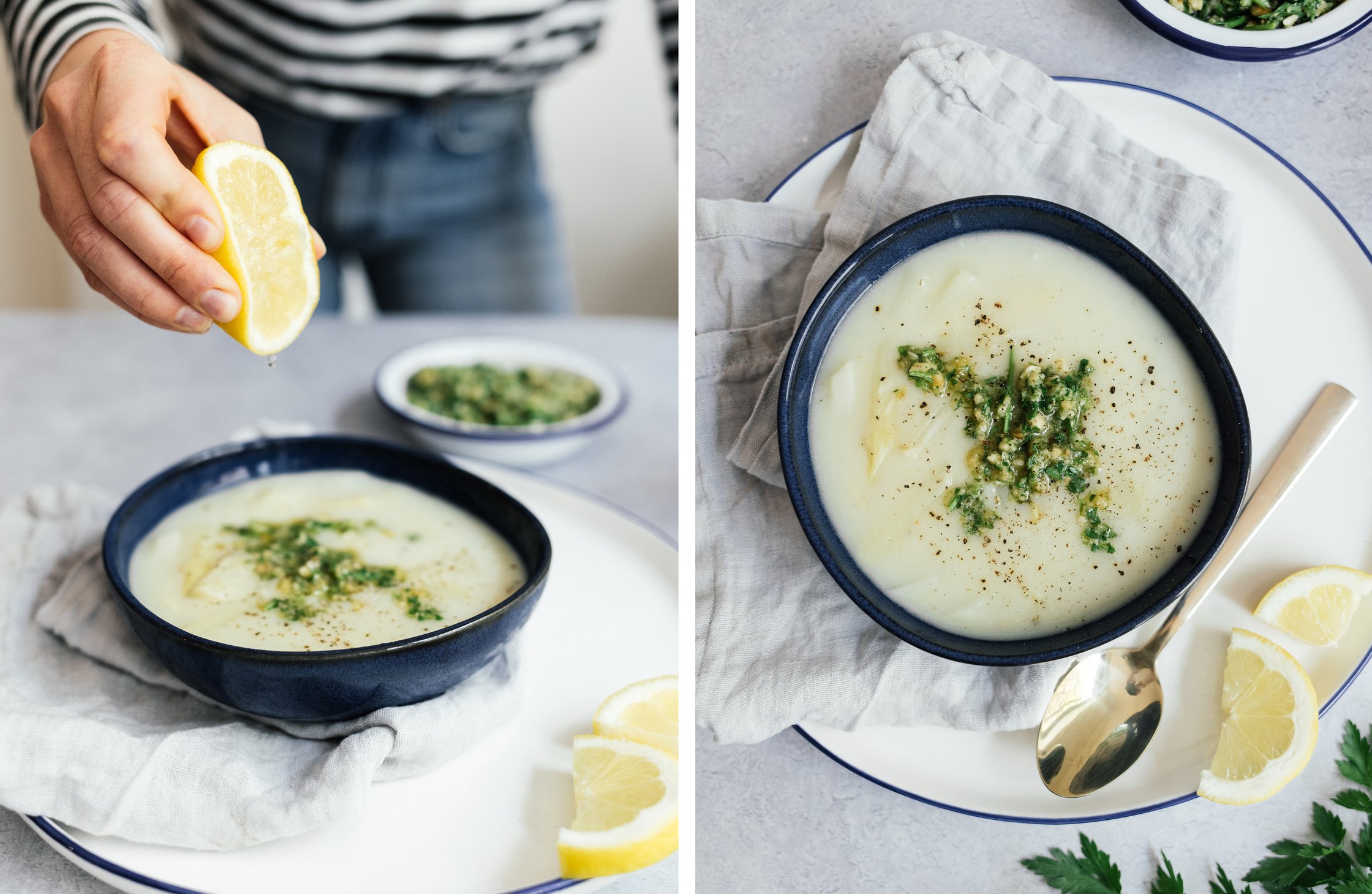 ready made vegan asparagus soup with hazelnut parsley topping