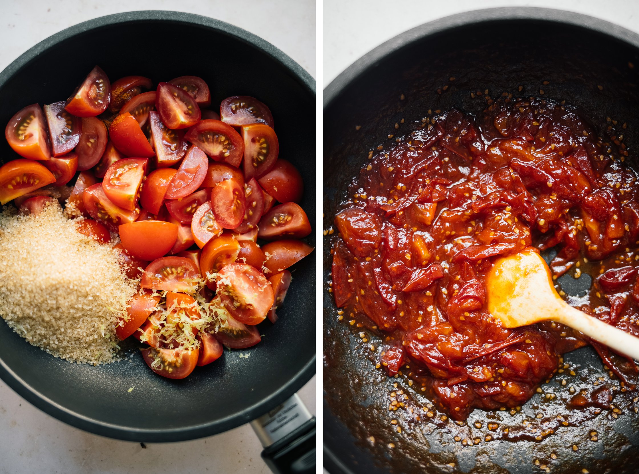 tomatenmarmelade vor und nach dem einkochen