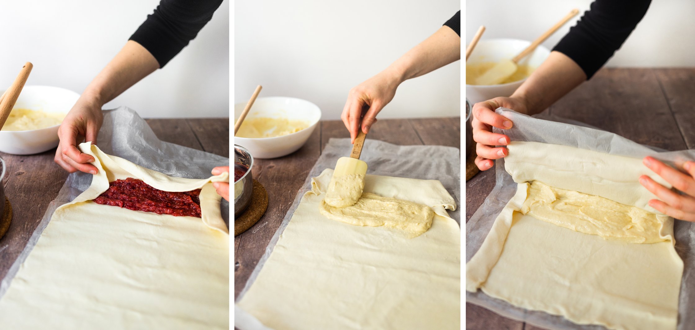 Puff pastry is spread with a vegan curd filling and a cherry filling and rolled into a strudel.