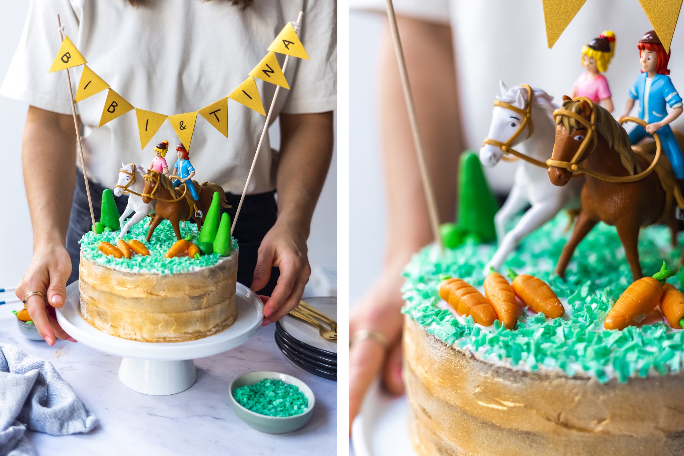 Eine goldene Torte ist mit Bibi und Tina auf ihren Pferden und Bäumen und Karotten aus Fondant dekoriert.