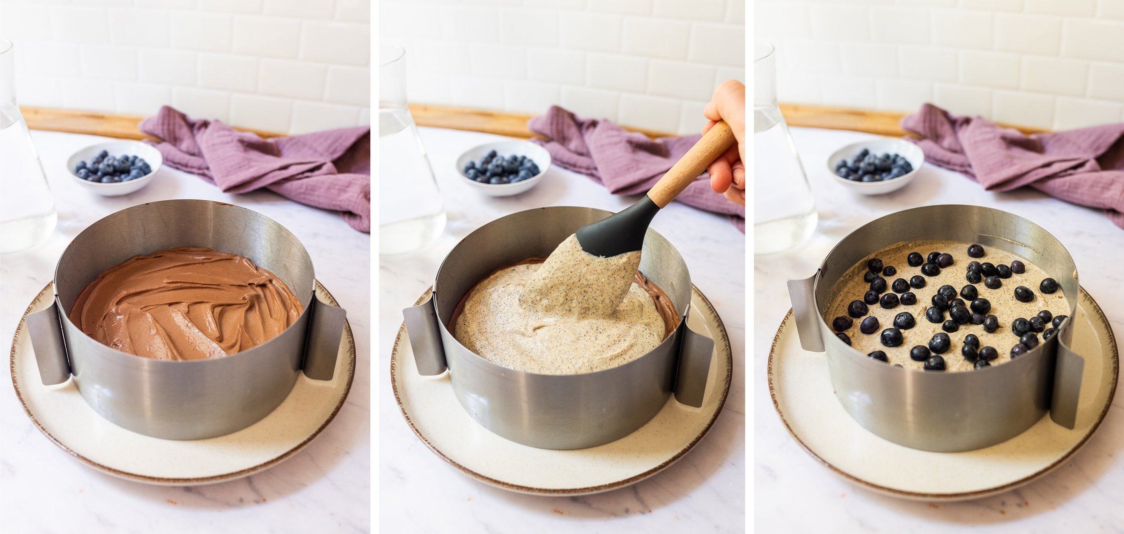 Now spread the ganache, cream and blueberries over the first base.