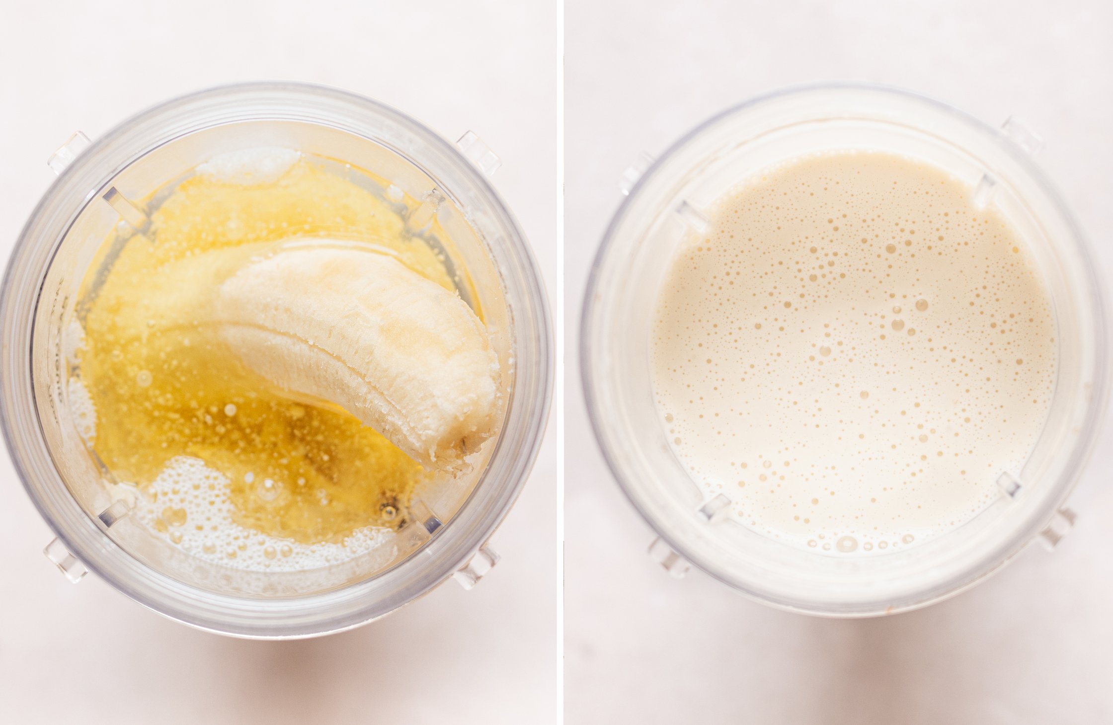 Split image - Left: Ingredients in the blender before blending. Right: Ingredients in the blender after blending.