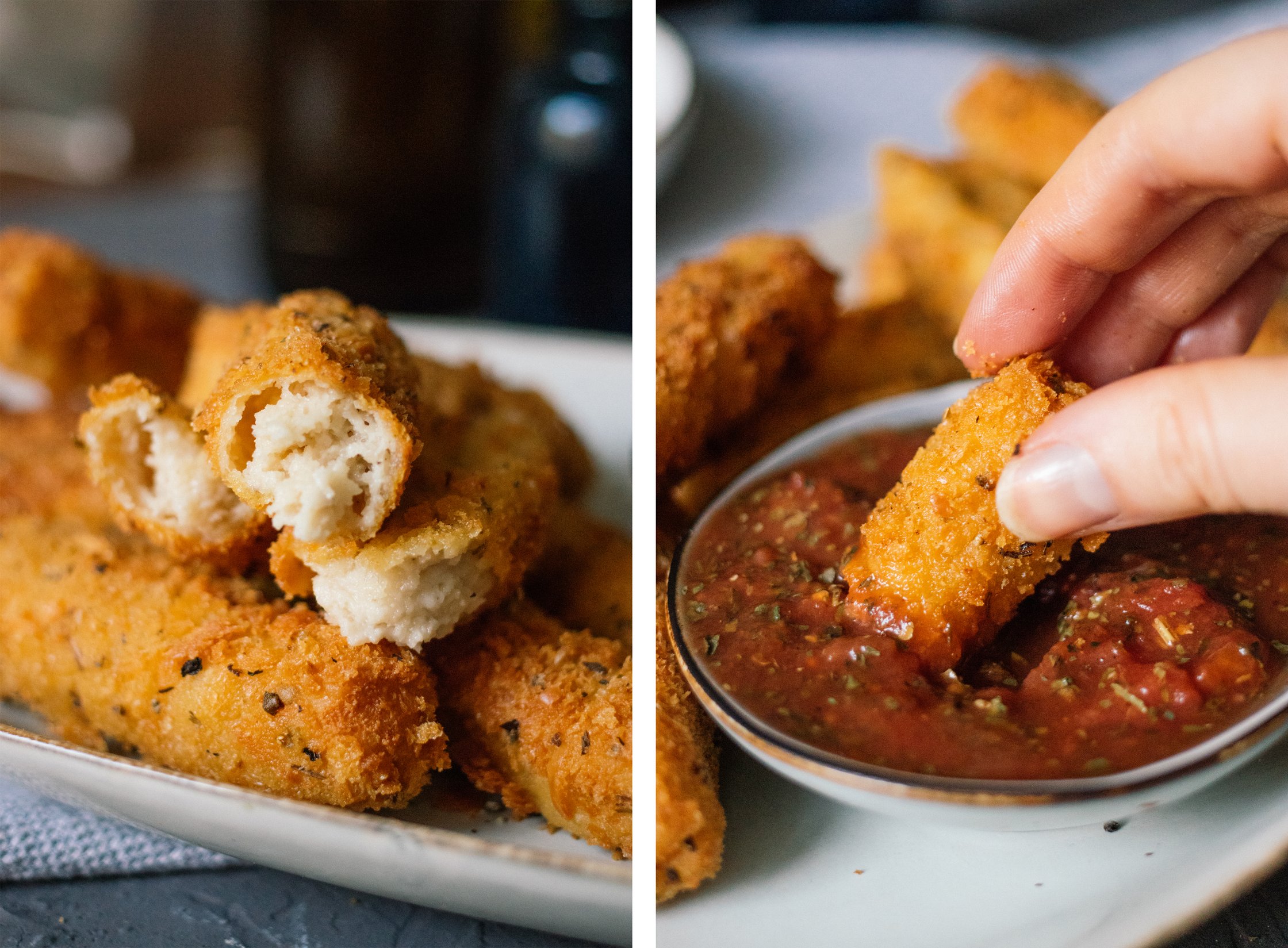 Vegane Mozzarellasticks in marinara dippen