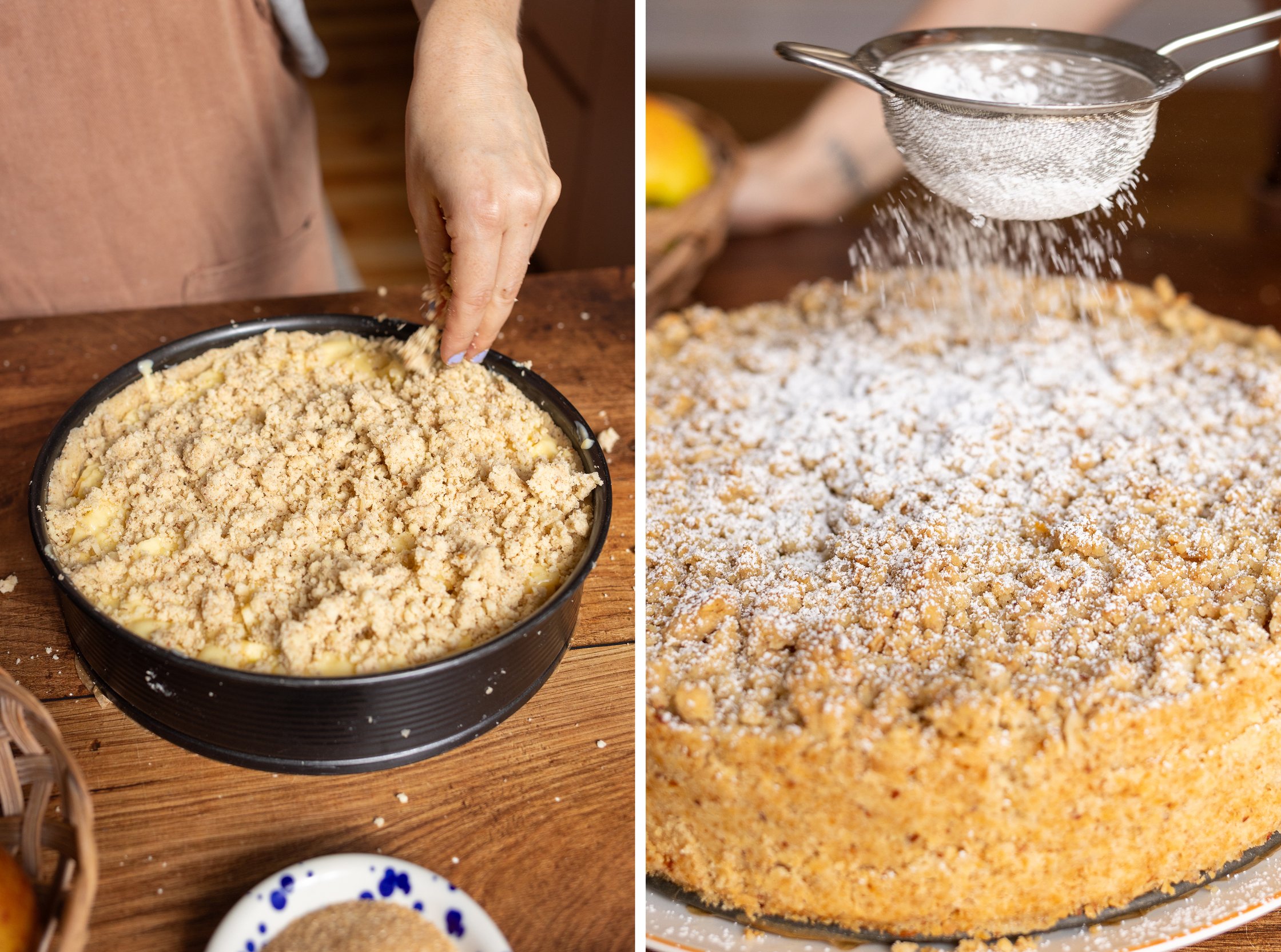 Der Kuchen wird mit den Streuseln getoppt und zusätzlich auch noch mit Puderzucker.