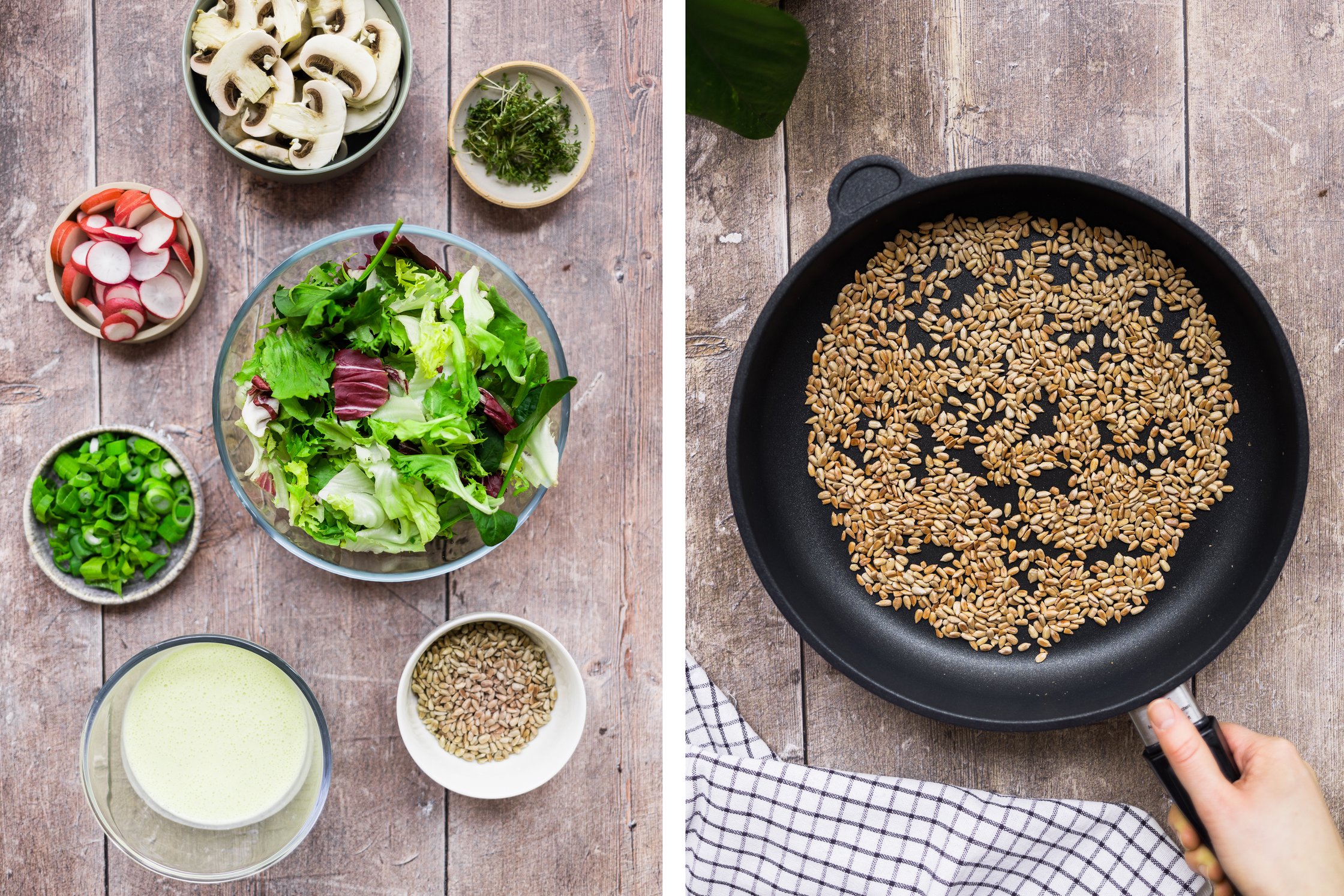 on the left: Ingredients for a spring salad with vegan hollandaise dressing; on the right: sunflower seeds are roasted in a p