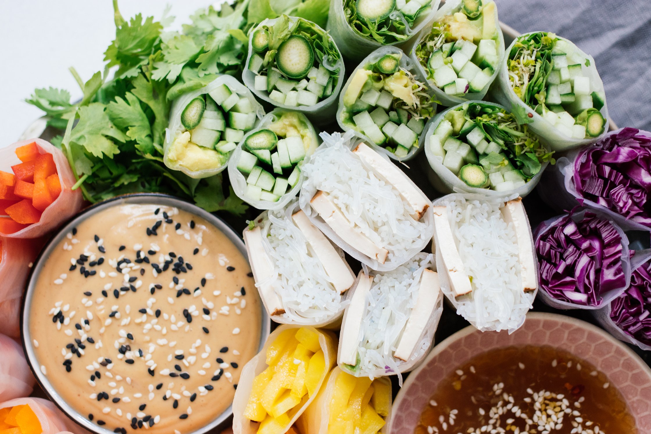 closeup of vegan summer rolls
