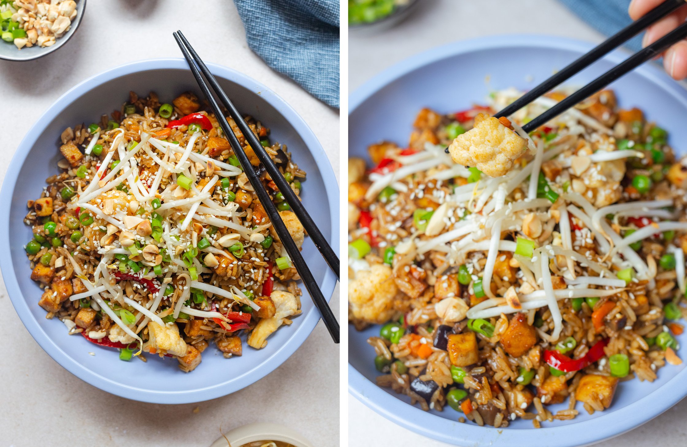 vegan stir fried rice with tofu and vegetables on a deep plate