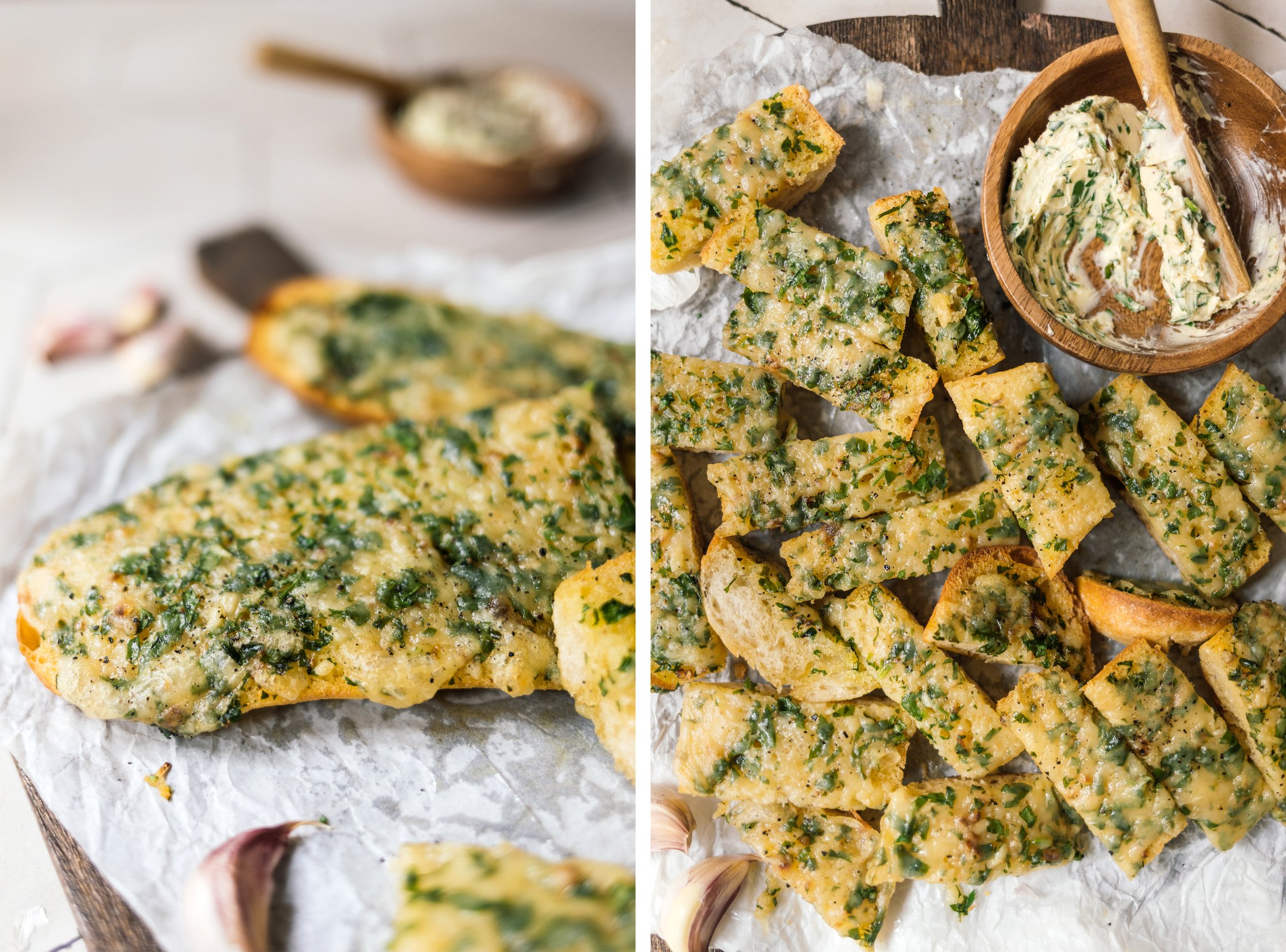 vegan herb and cheese baguette cut in slices