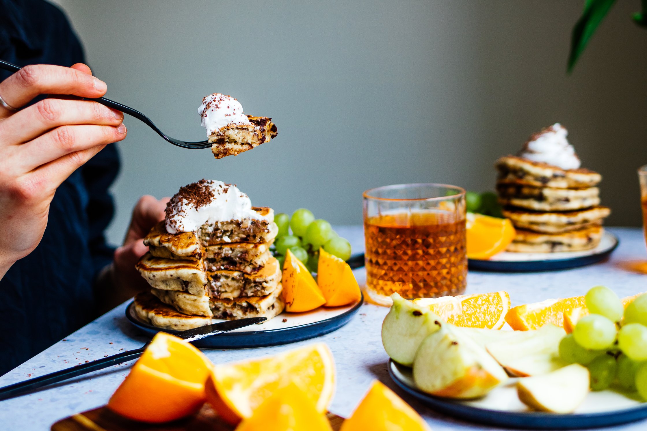 vegan stracciatella pancakes with whipped cream