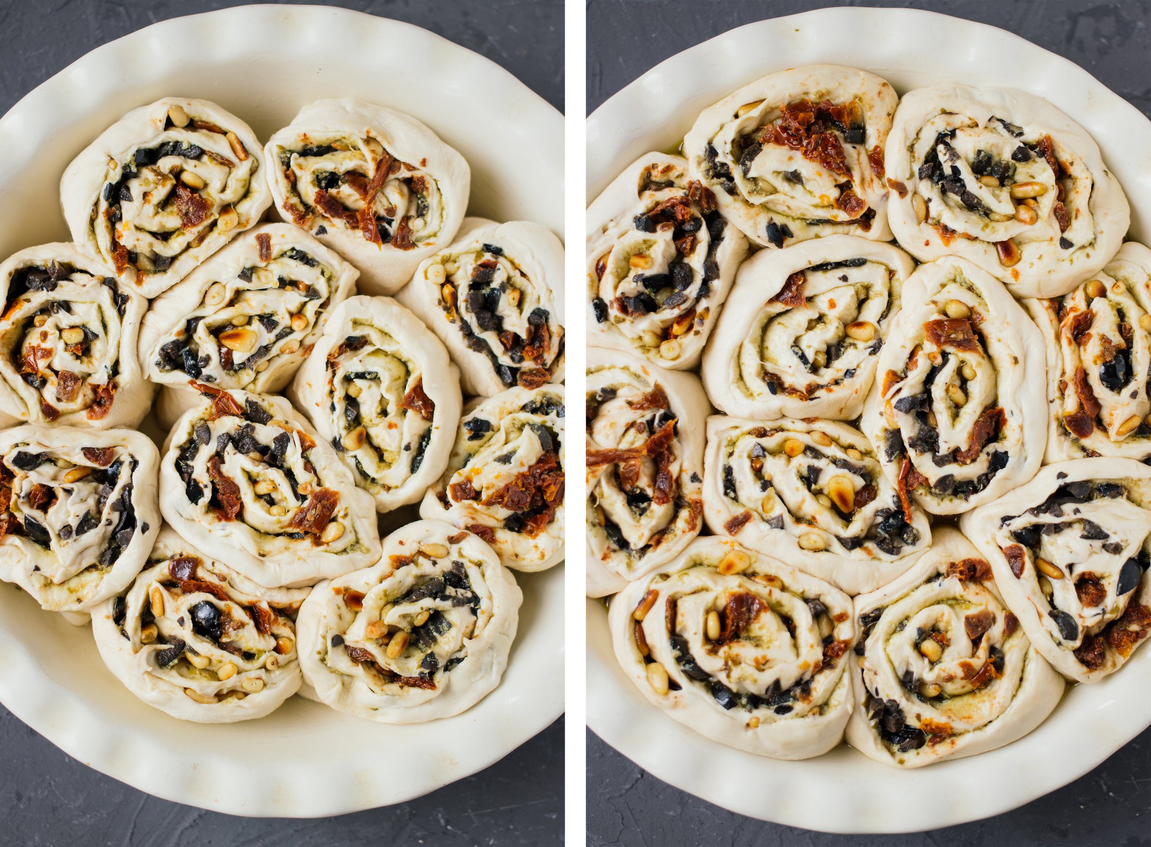 Vegan Pesto Yeast Buns before and after rising