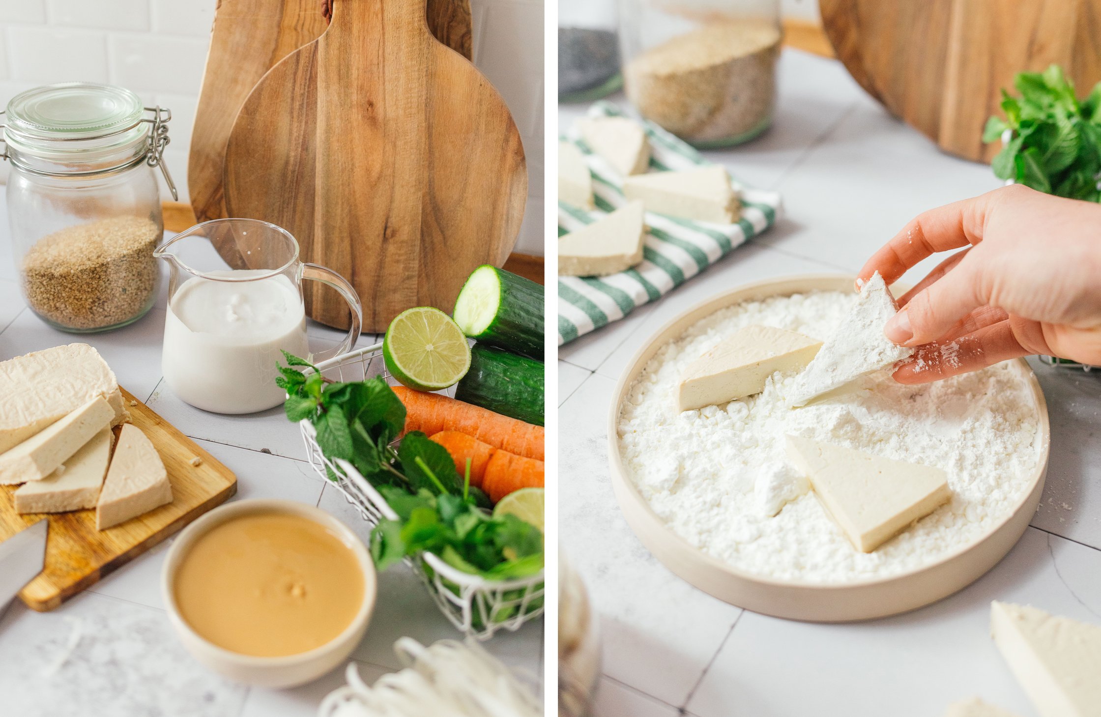 ingredients for rice noodles with tofu in peanut sauce; tofu is breaded
