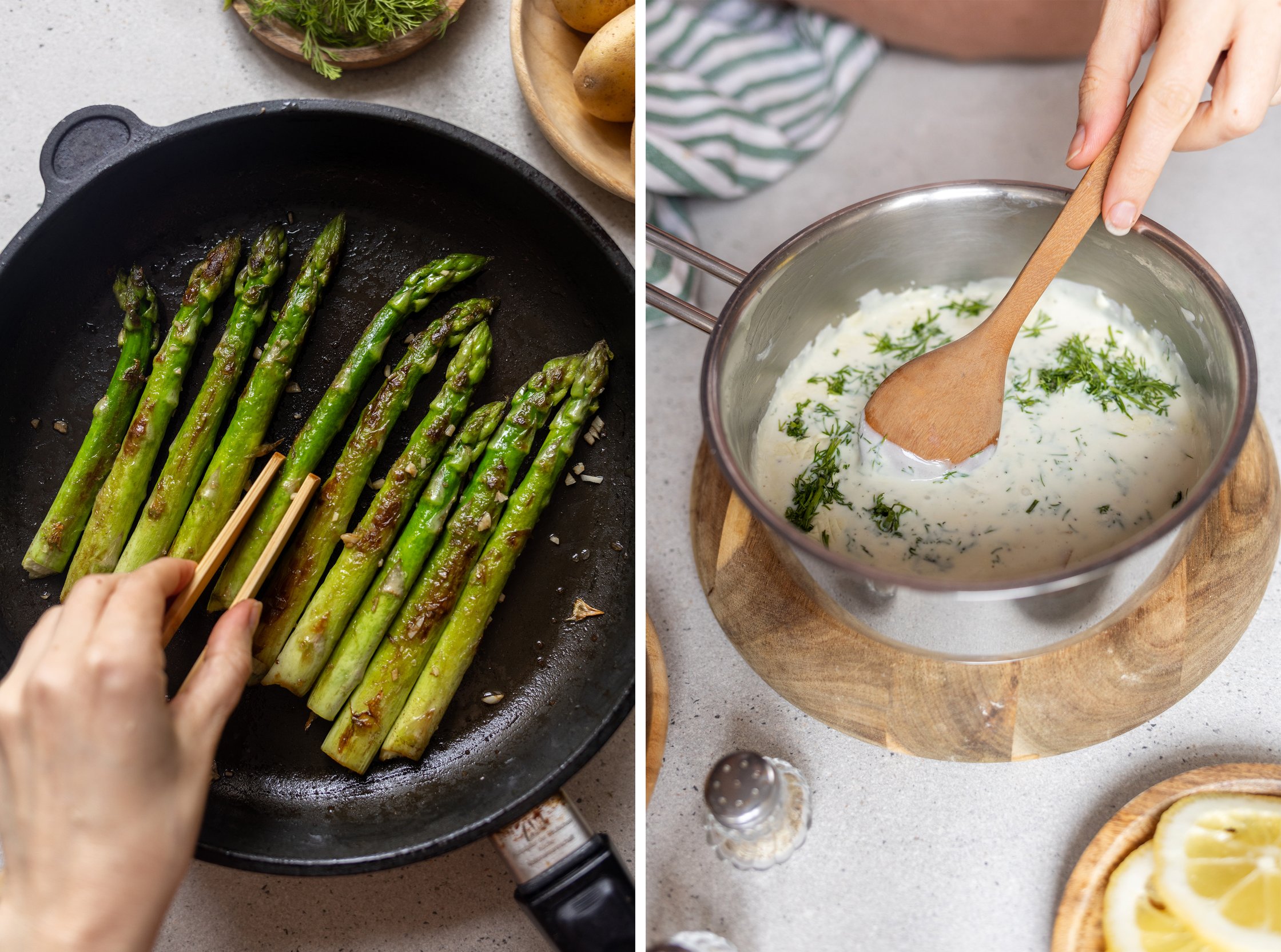 grüner spargel wird in pfanne angebraten und dill-sahne-soße im topf verrührt