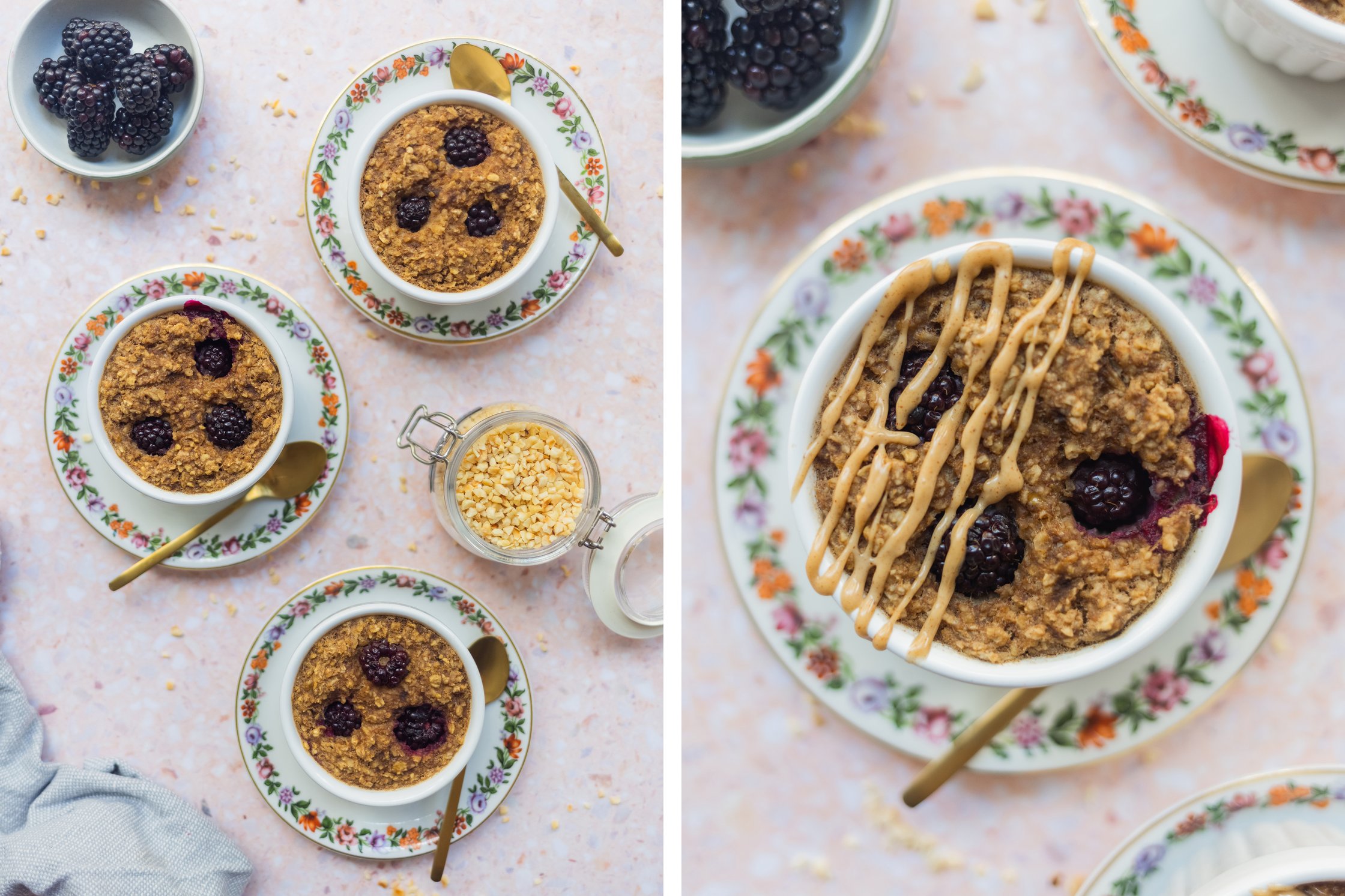Gebackene Baked Oats mit Brombeeren in Förmchen auf kleinen Tellern mit Mandelmus, mit Löffel