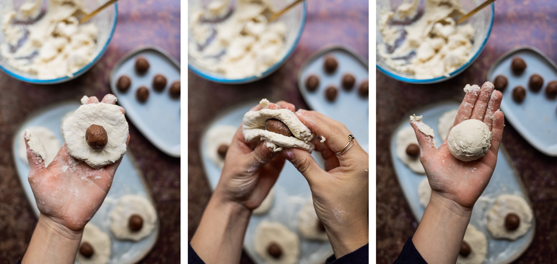Anleitung zum Falten bzw. Rollen von veganen Nougatknödel auf 3 Bildern nebeneinander.