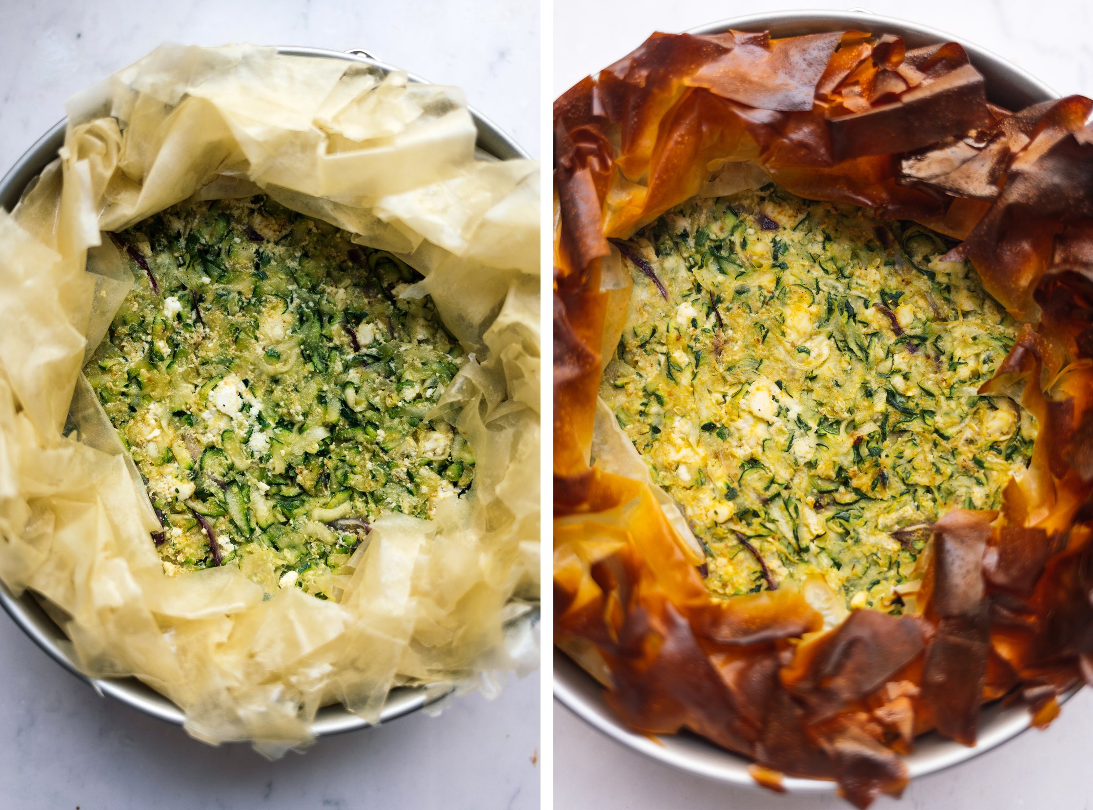 vegan phyllo pie before and after baking