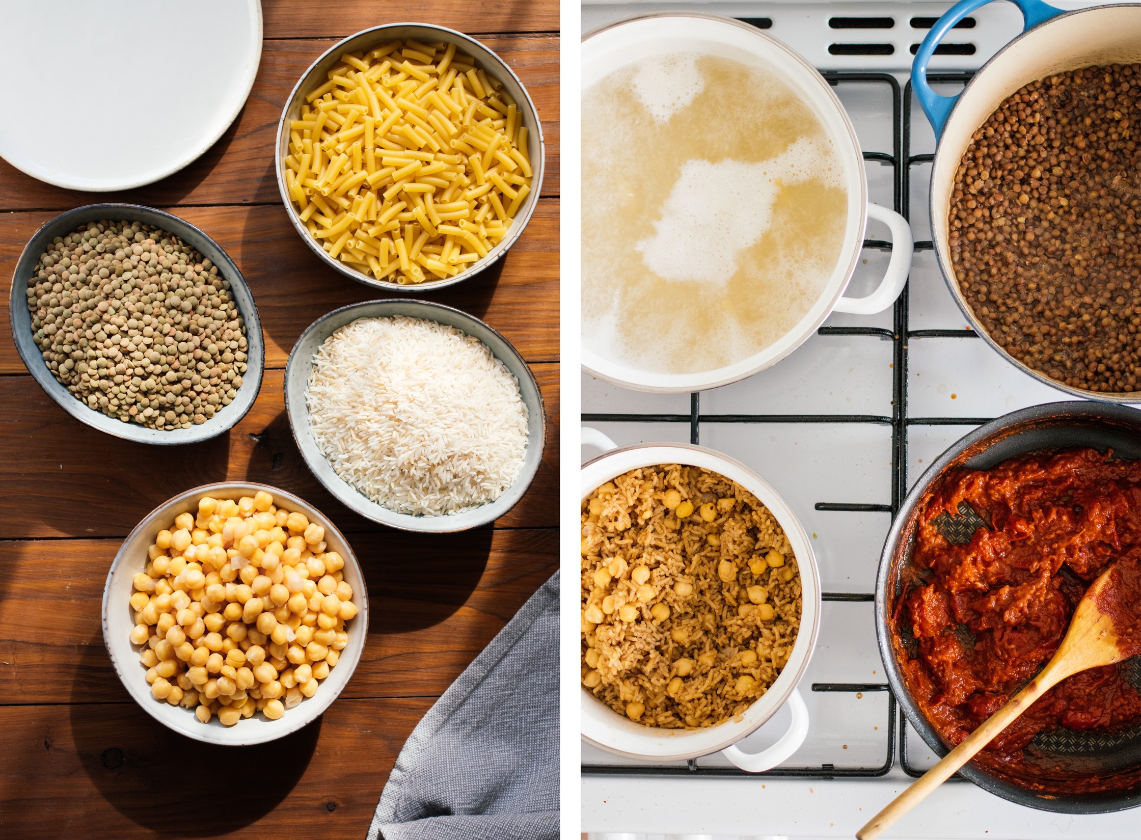 rice, pasta, lentils, and chickpeas before and during cooking