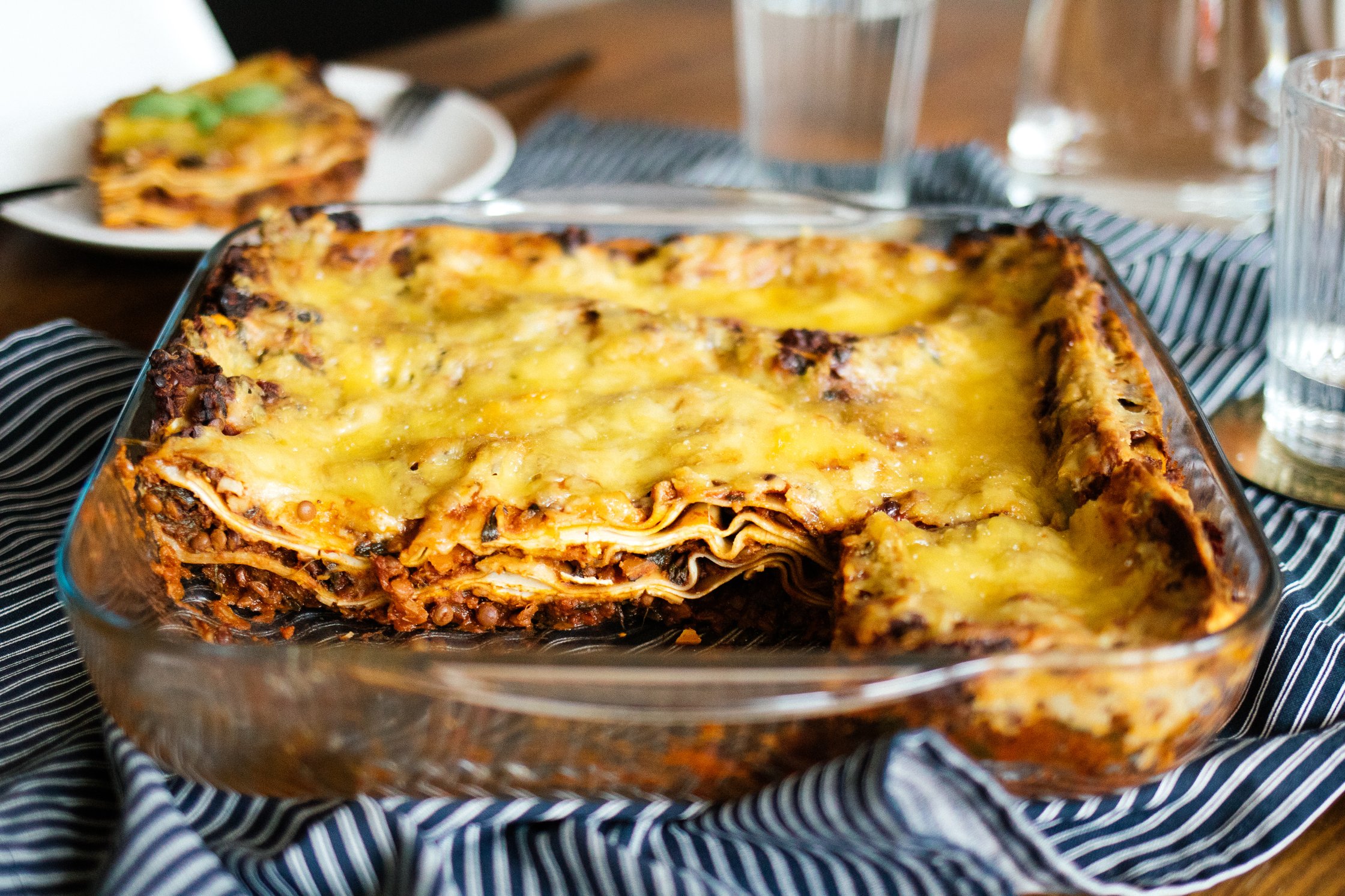 vegan lasagne in a baking dish made of glass