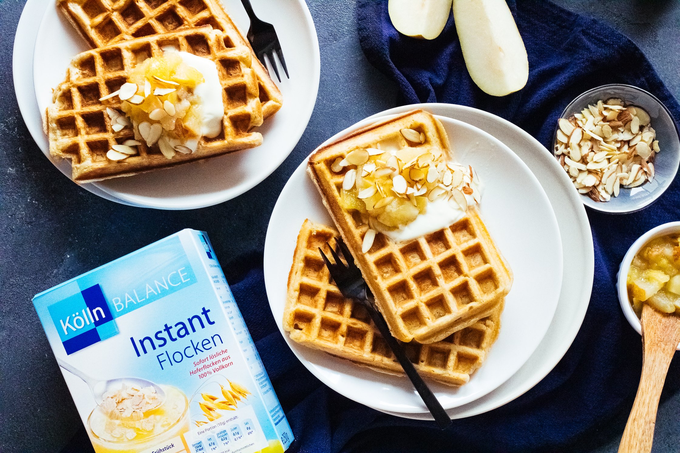 vegan oat waffles with yogurt and apple pear compote