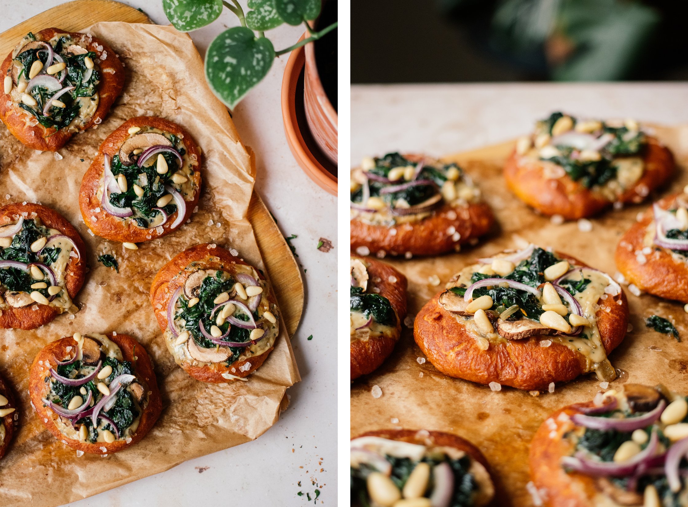 Vegane Brezel-Mini-Pizza mit Spinat nach dem backen