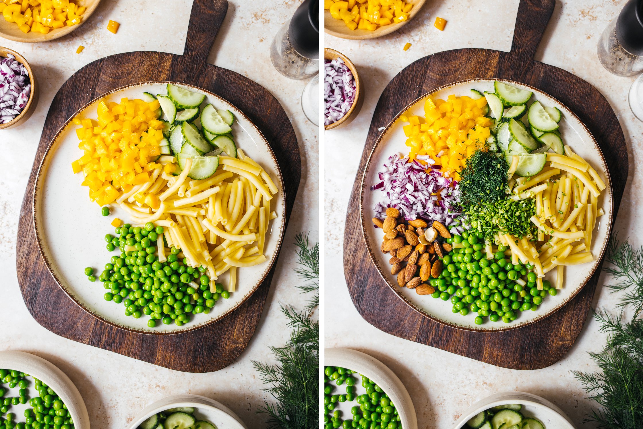 veganer Makkaronisalat wird vermengt mit Gurken, Erbsen und Mandeln