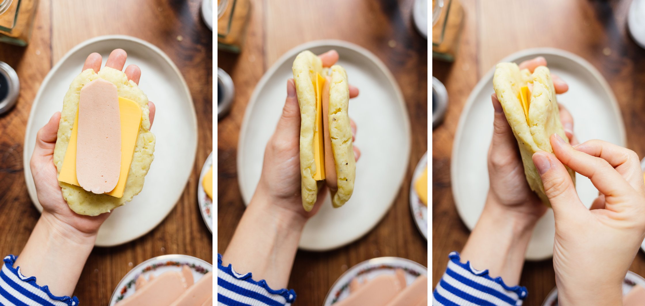 building vegan dumpling cordon bleu with vegan cheese and vegan ham