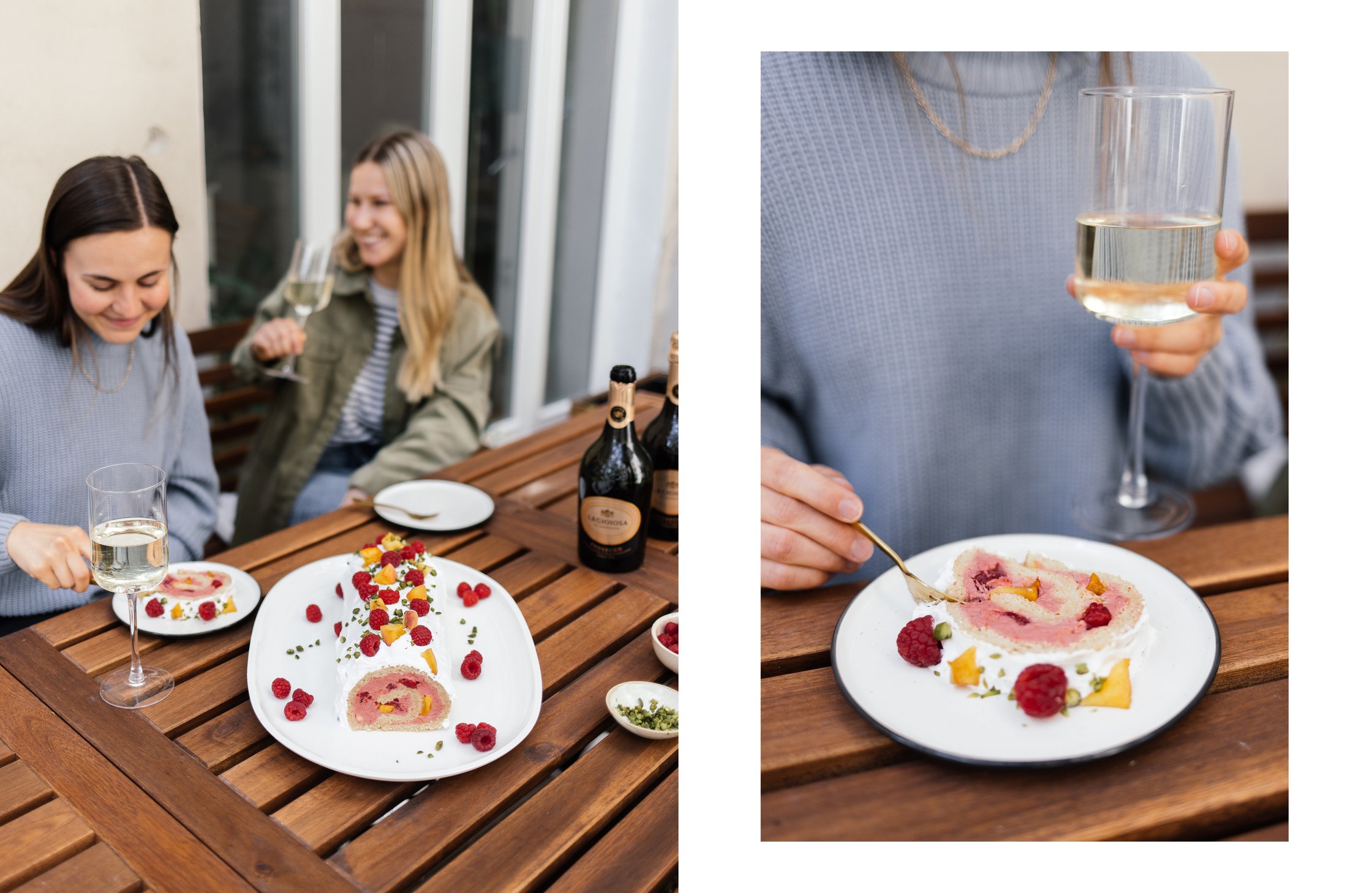 vegane Biskuitrolle und Sekt auf der Terrasse genießen