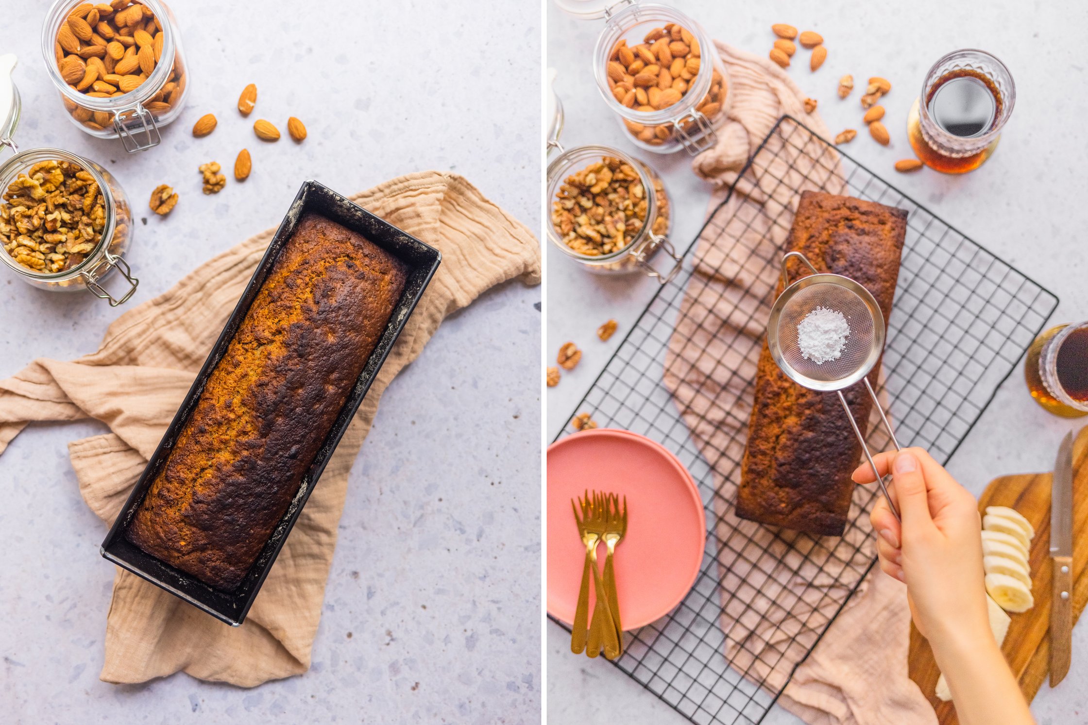 vegan banana bread is covered with powdered sugar, walnuts and almonds are lying next to it