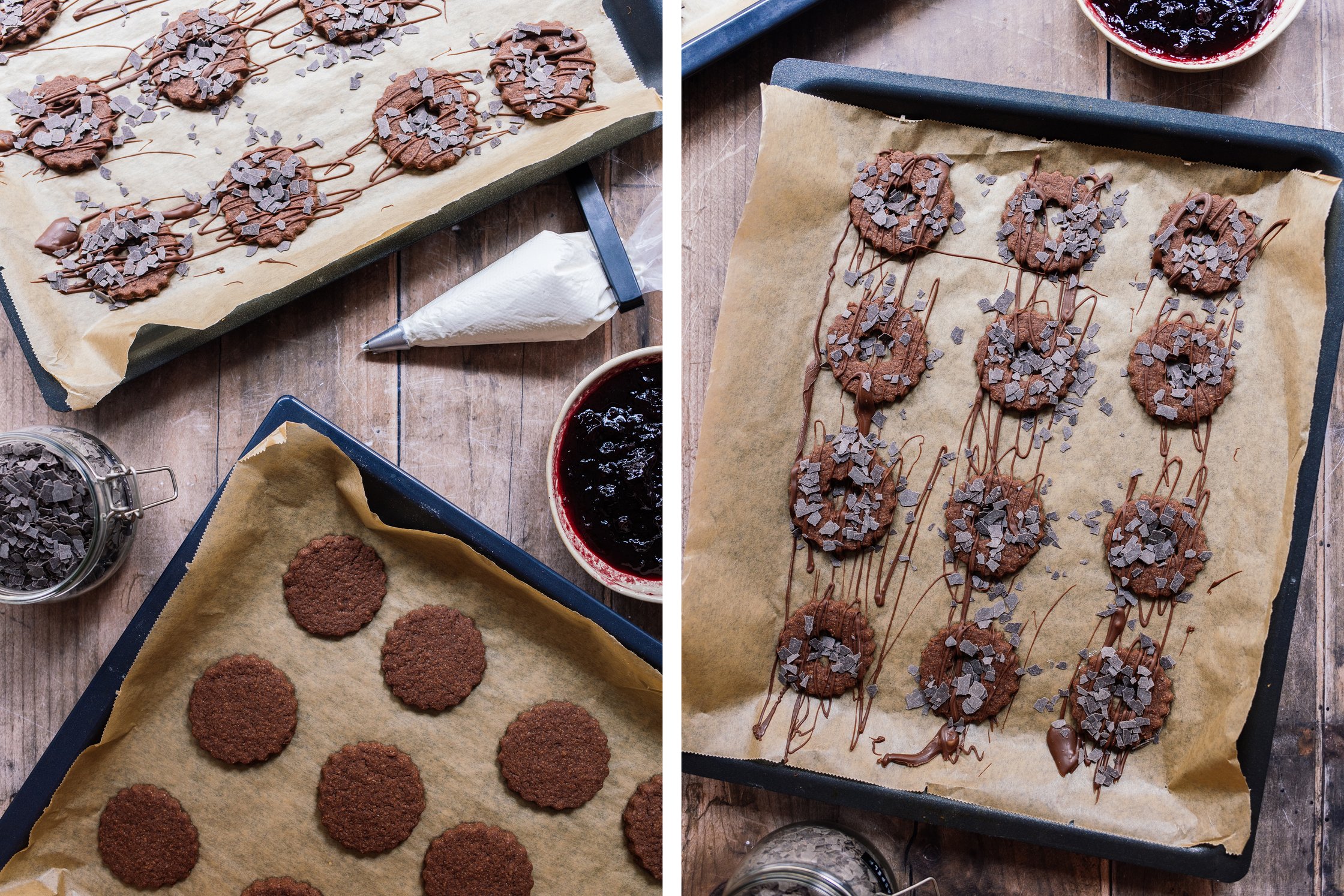 decorating vegan cookies on a baking sheet