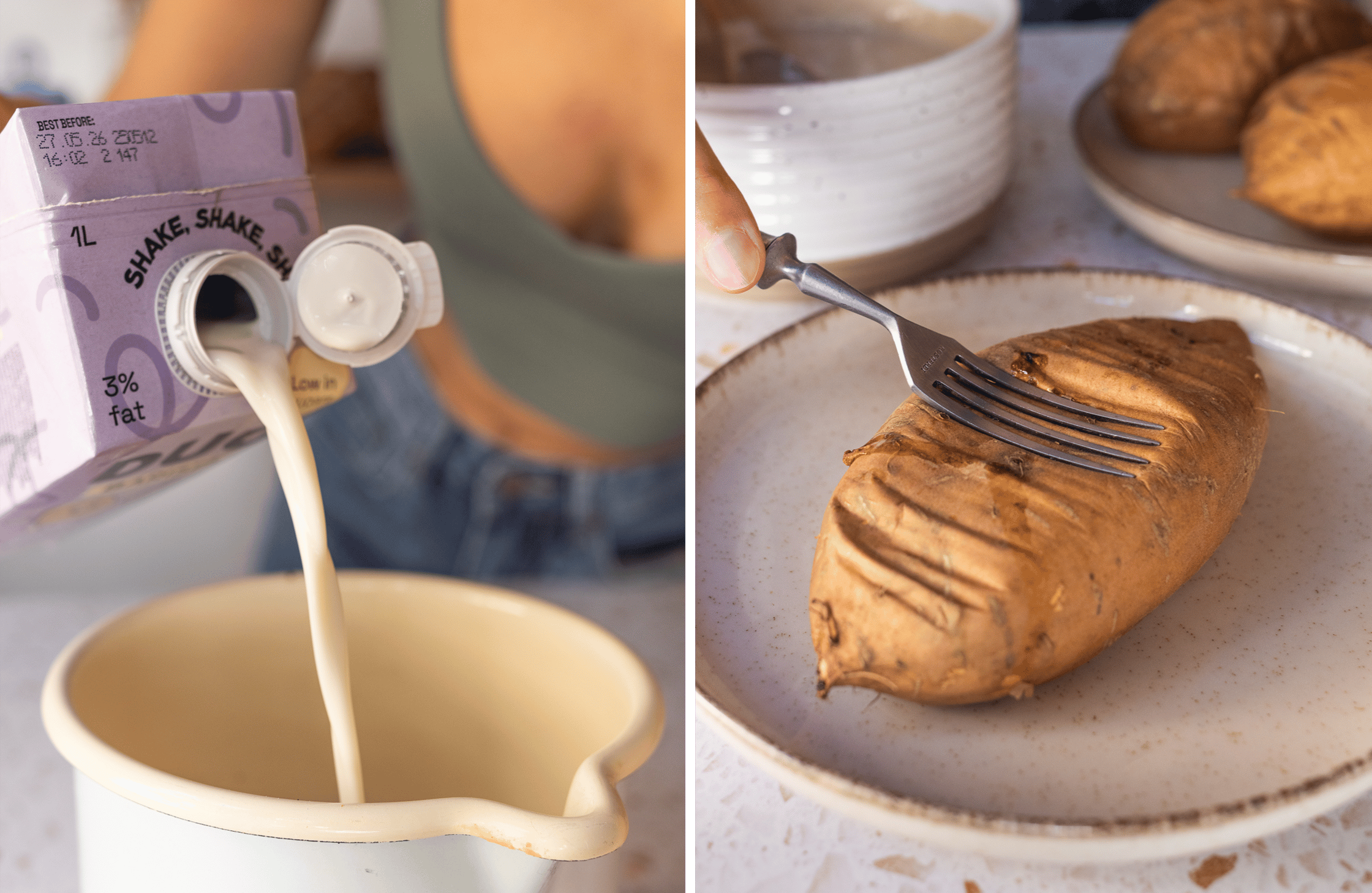 Baked sweet potatoes are placed on a baking sheet. One baked sweet potato is flattened with a fork.