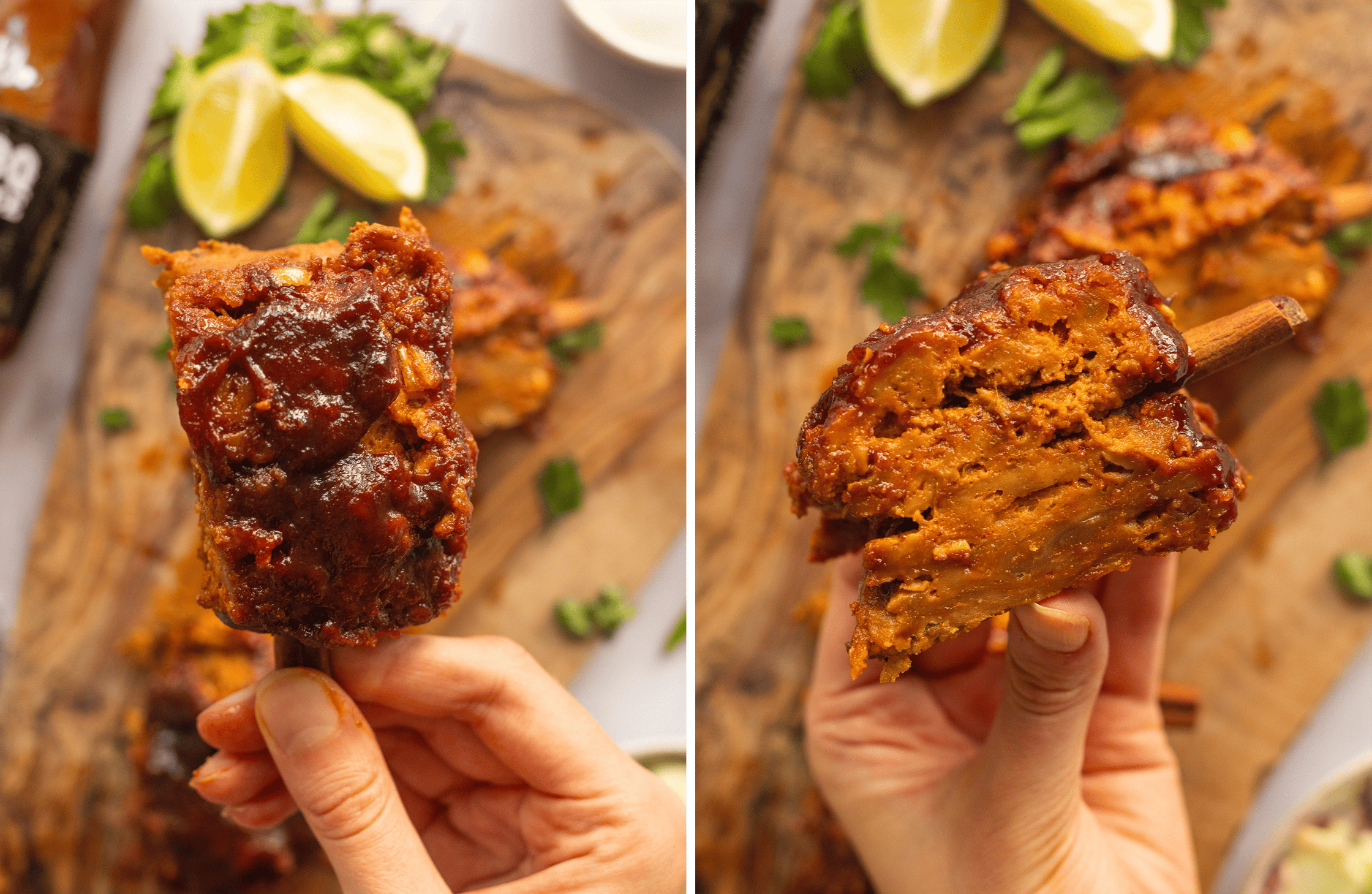 Eine Hand hält ein Stück der veganen Rippchen.