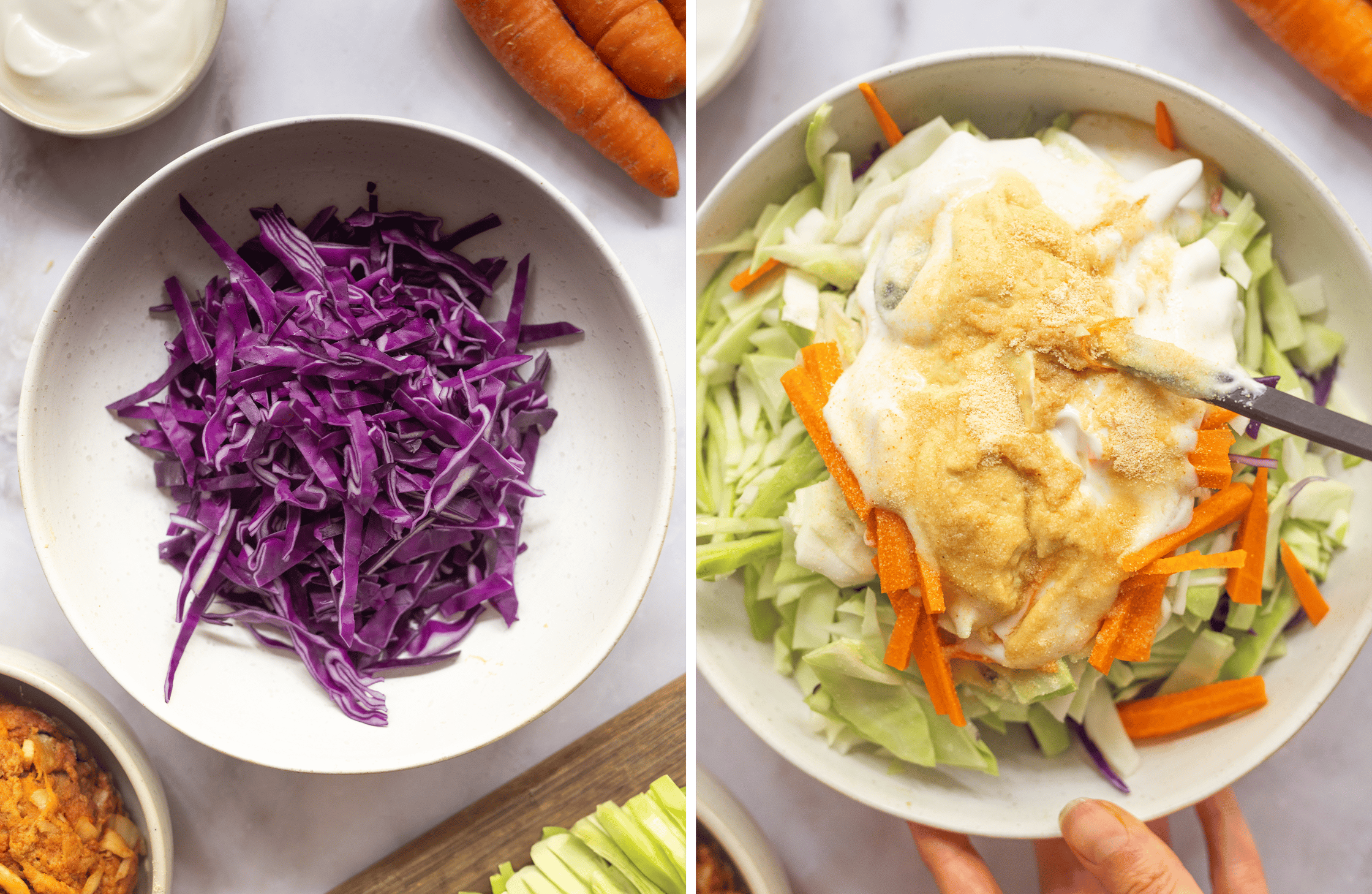 Veganer Coleslaw Salat wird zubereitet.