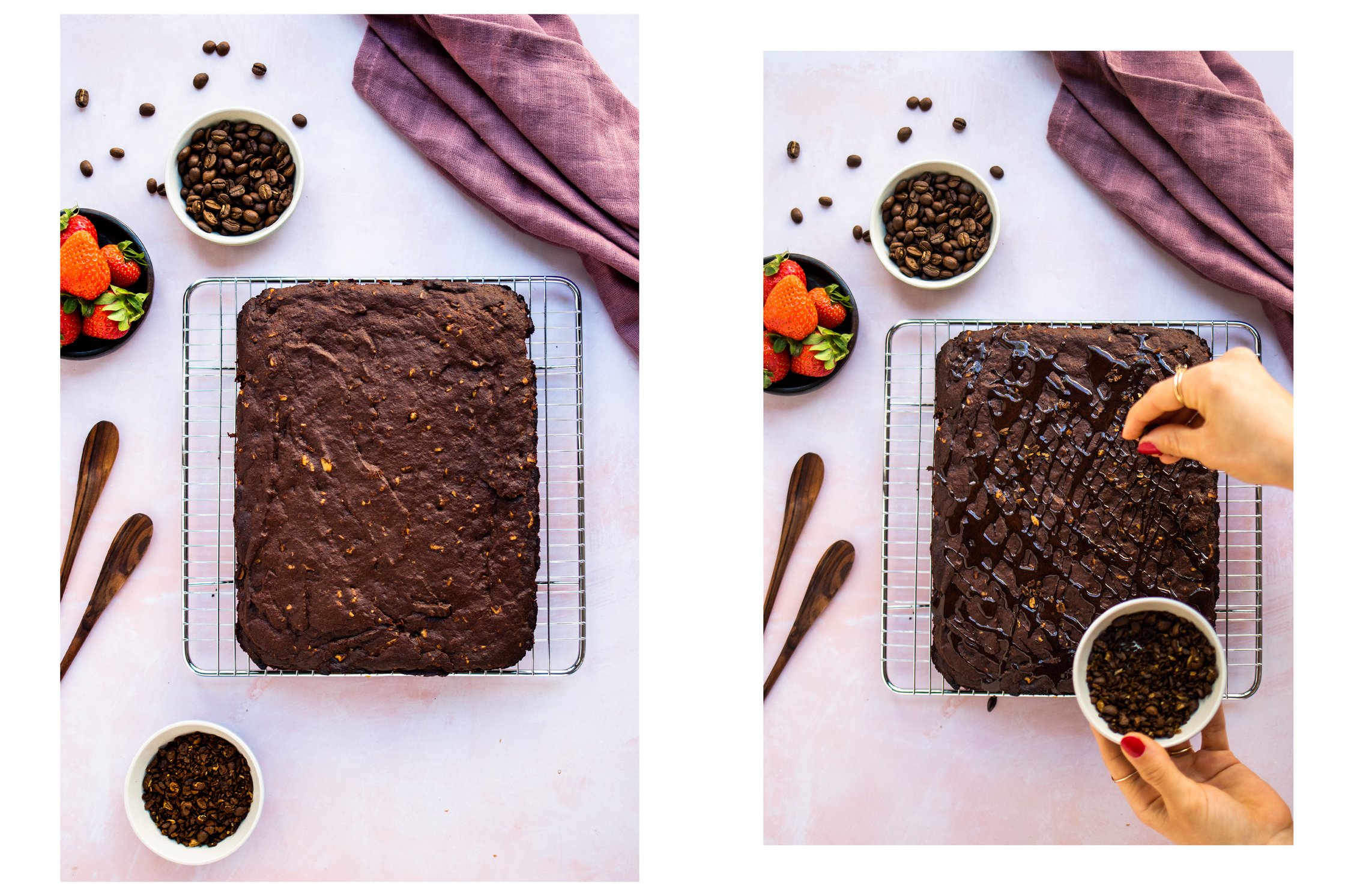 Gebackene vegane Espresso-Brownies, getoppt mit Glasur und Kaffeebohnen