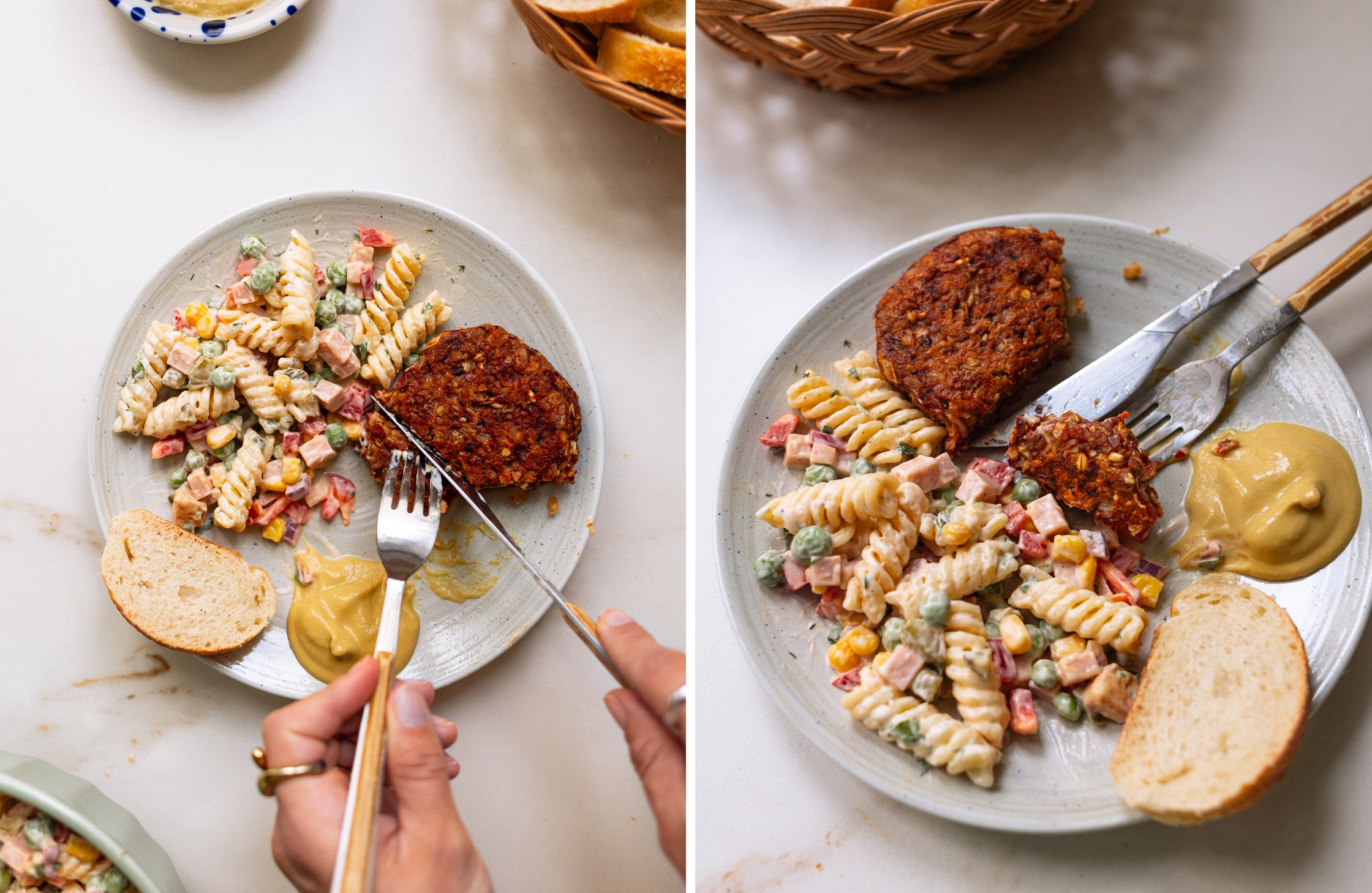 Split image showing the pasta salad and the vegan patties on a plate, served with baguette and mustard, from two different an